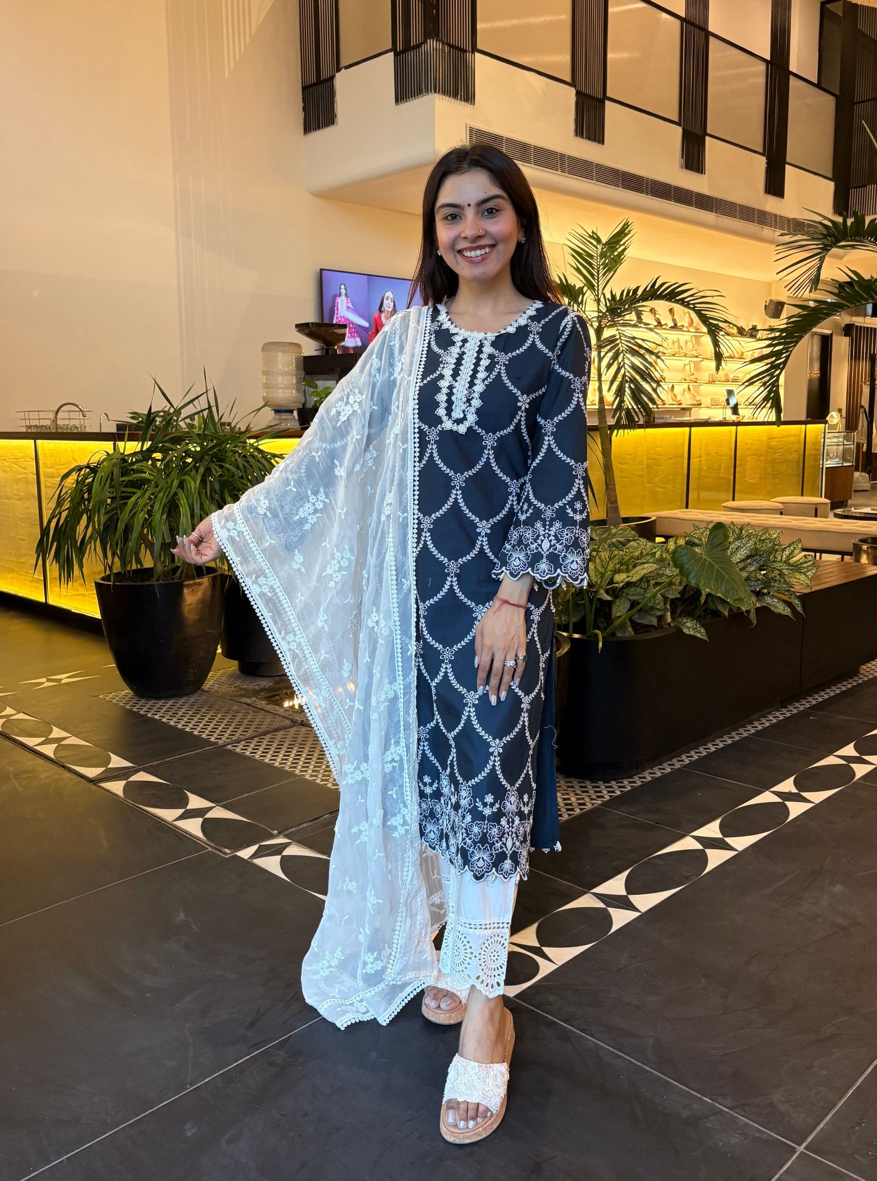 Aashay Cotton Navy Kurta With Eyelet Cotton White Pant