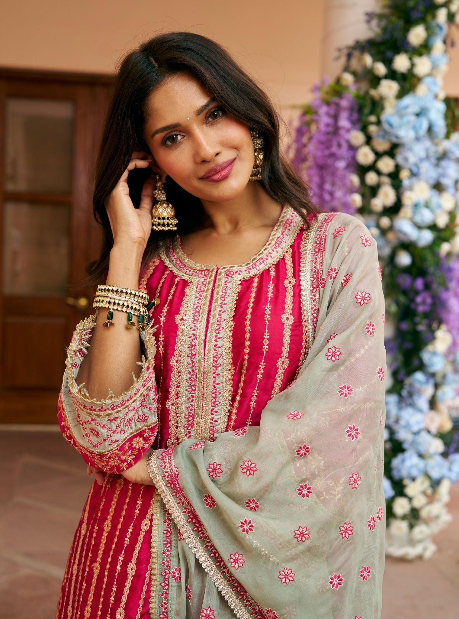 Jhumri Cupro Satin Rani Pink Kurta Set