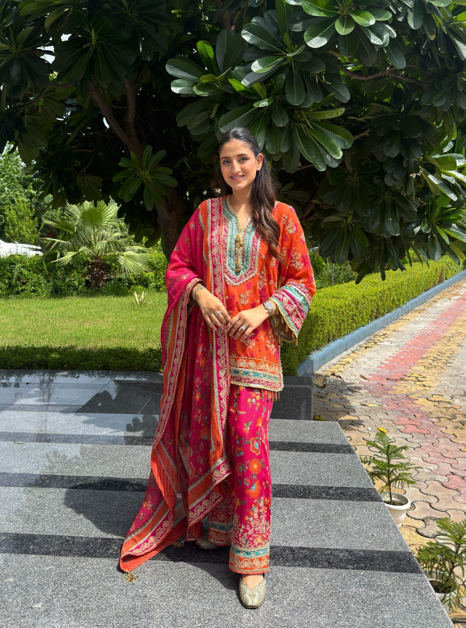 Elia Lawn Printed Orange Kurta with Farshi Salwar