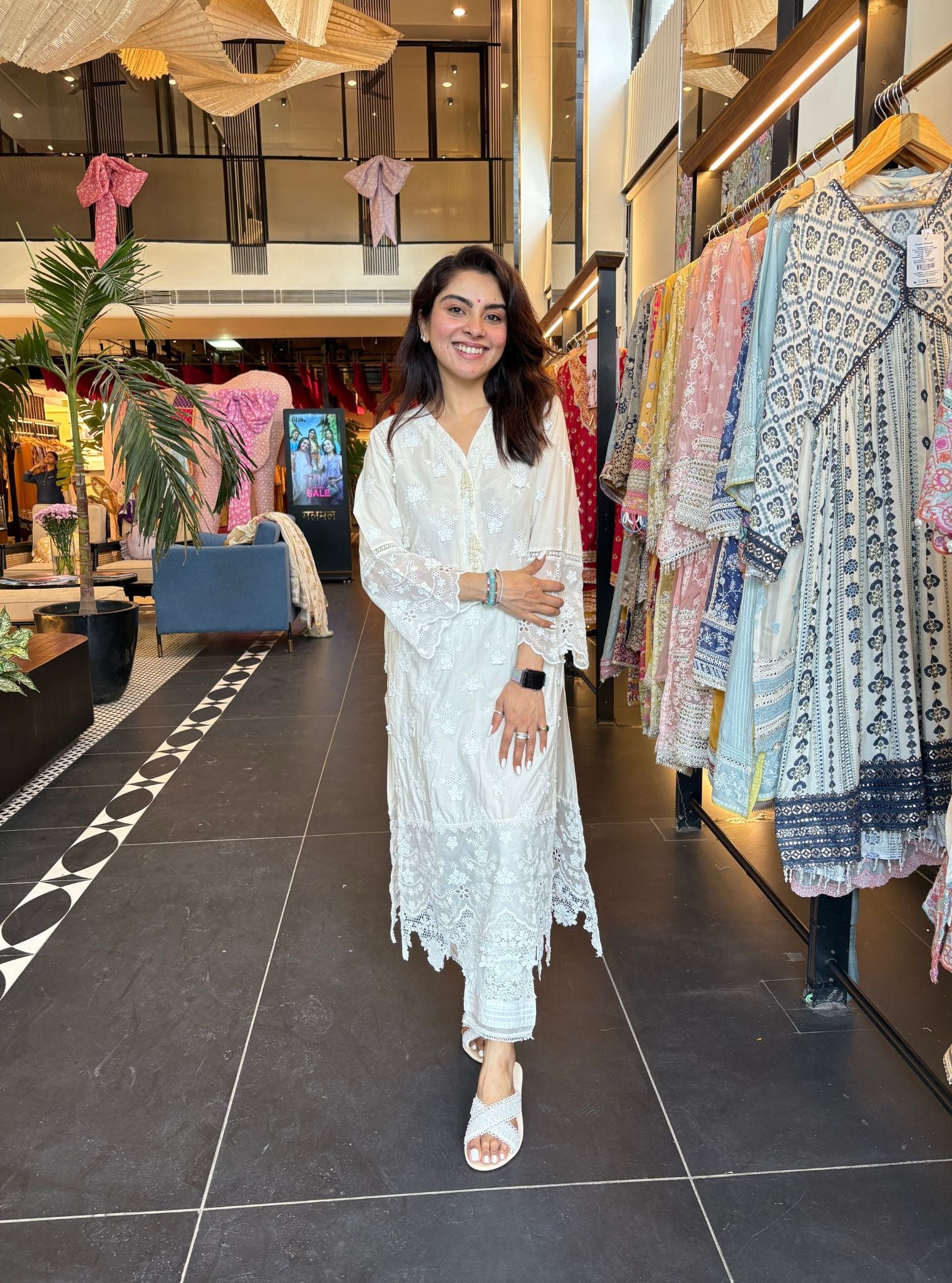 Mulmul Cotton Reeva Off White Kurta with New Pintuck White Pant