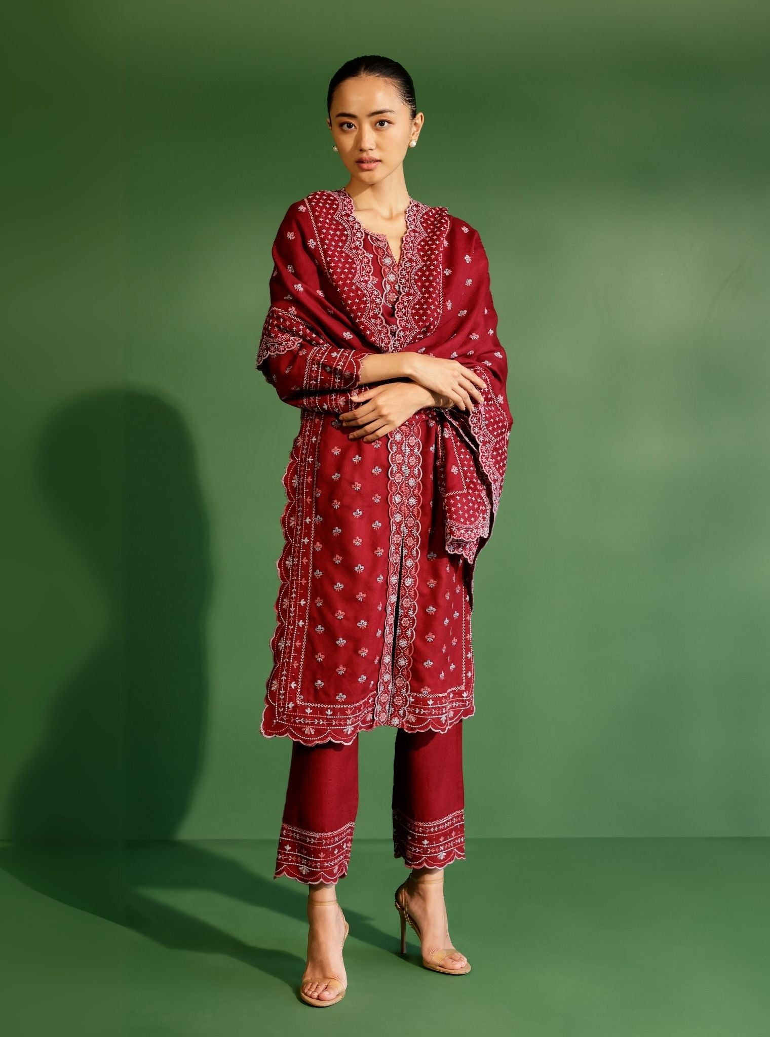 Mulmul Wool Tate Wine Kurta With Mulmul Wool Tate Wine Pant