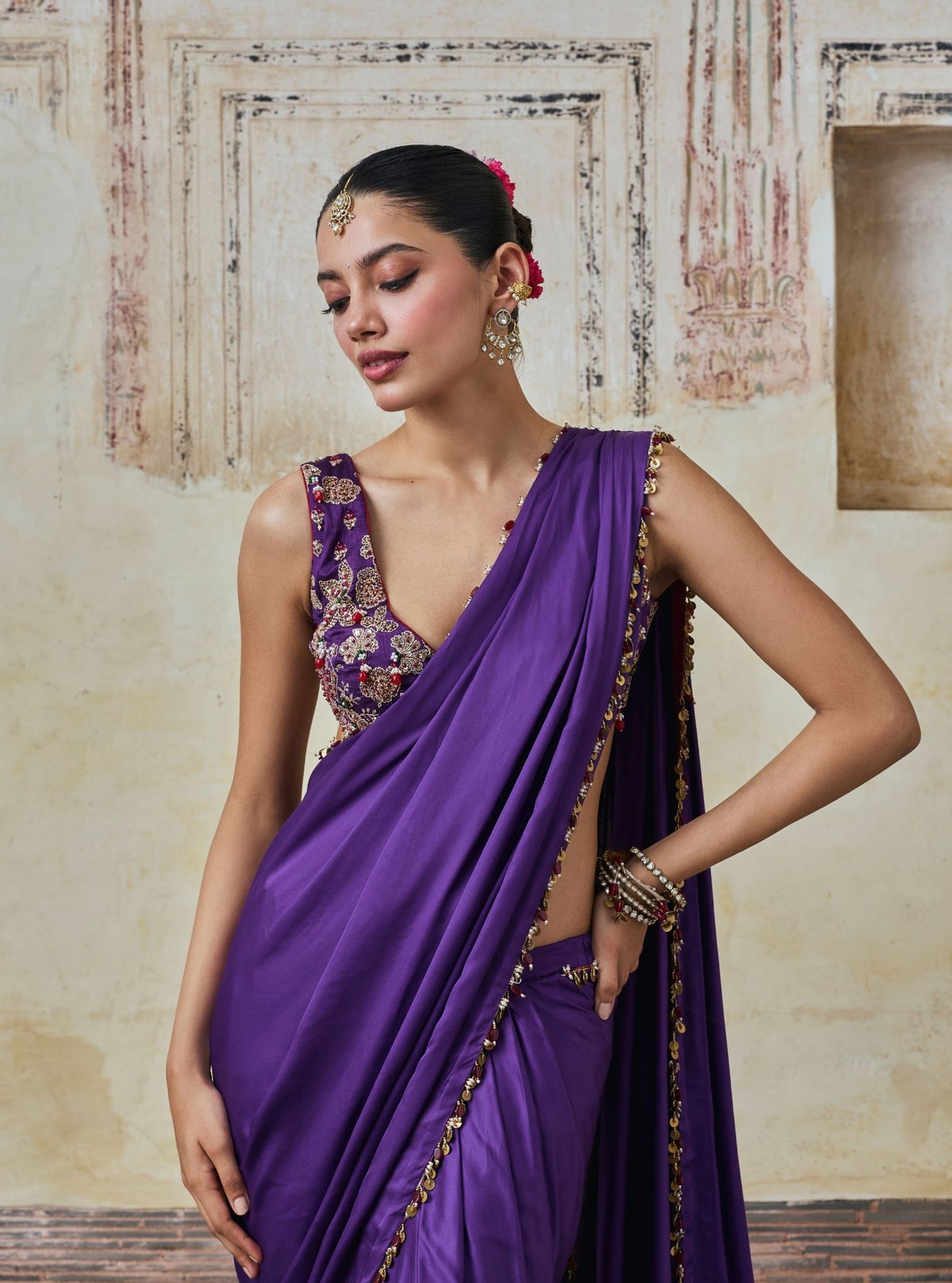 Saawari Cupro Satin Purple Pre-draped Saree