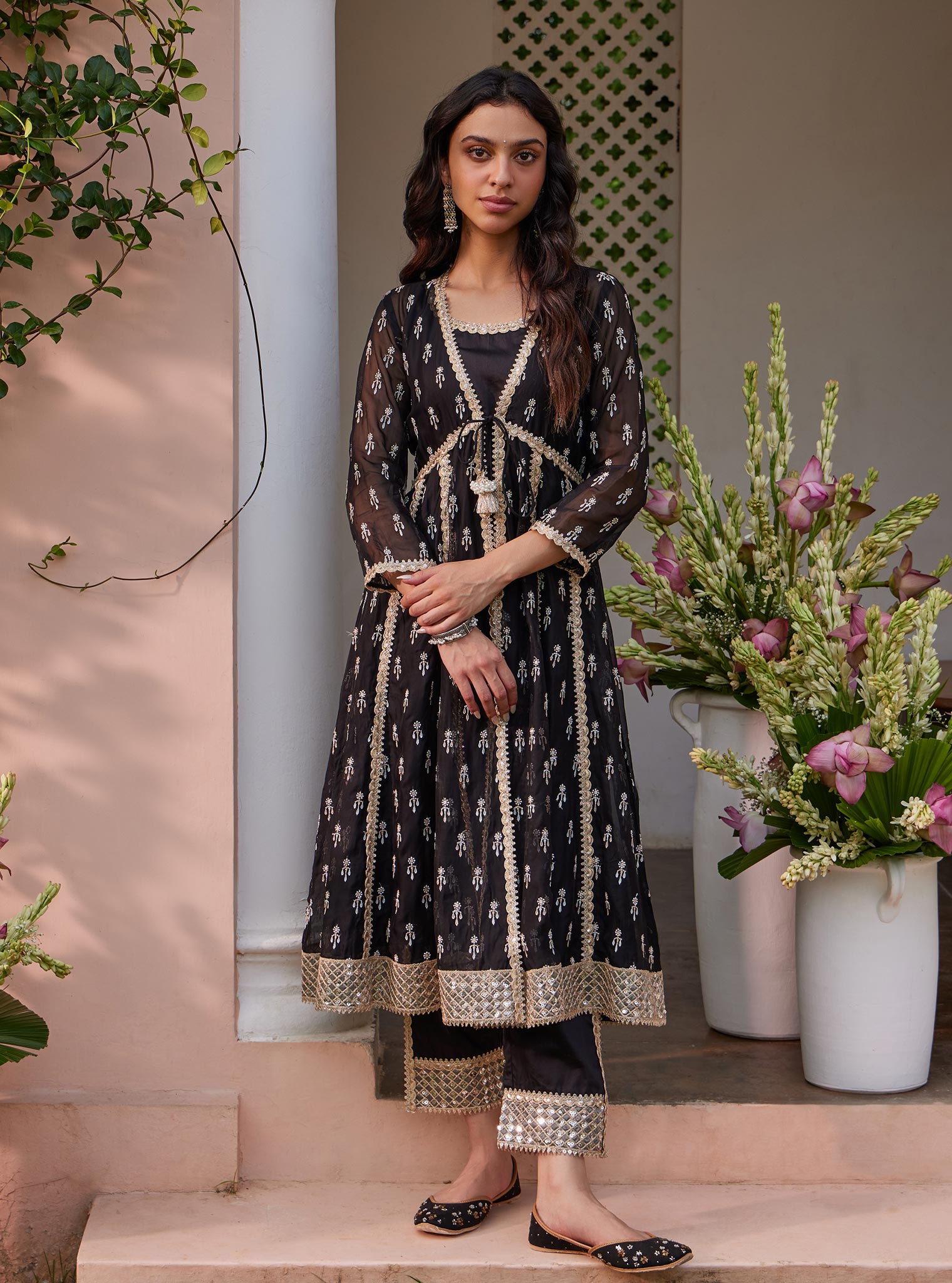 Mulmul Organza Samici Black Anarkali Kurta With Mulmul Pima Samici Black Pant