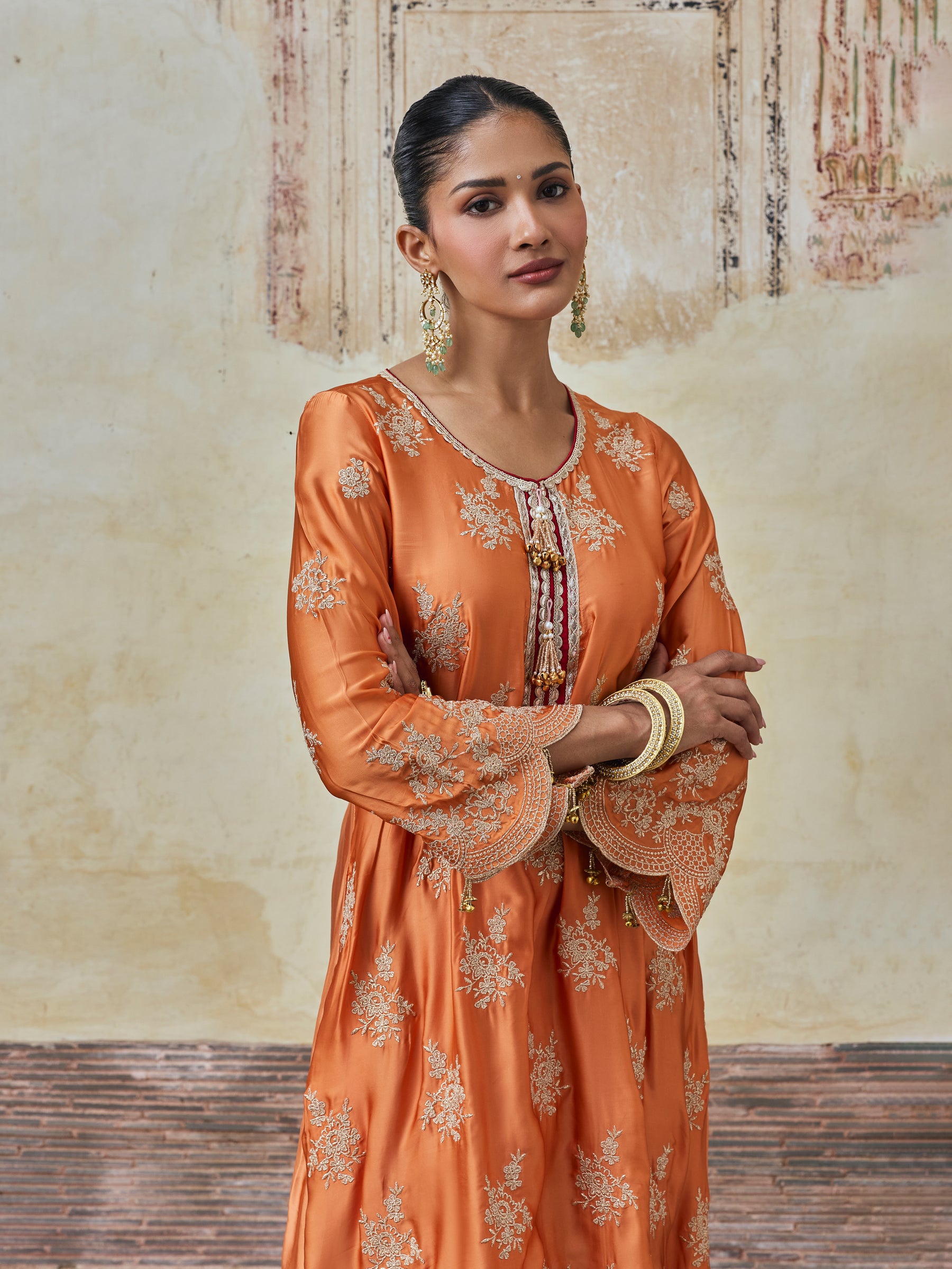 Saazni Cupro Satin Orange Kurta with Red Dhoti Pants