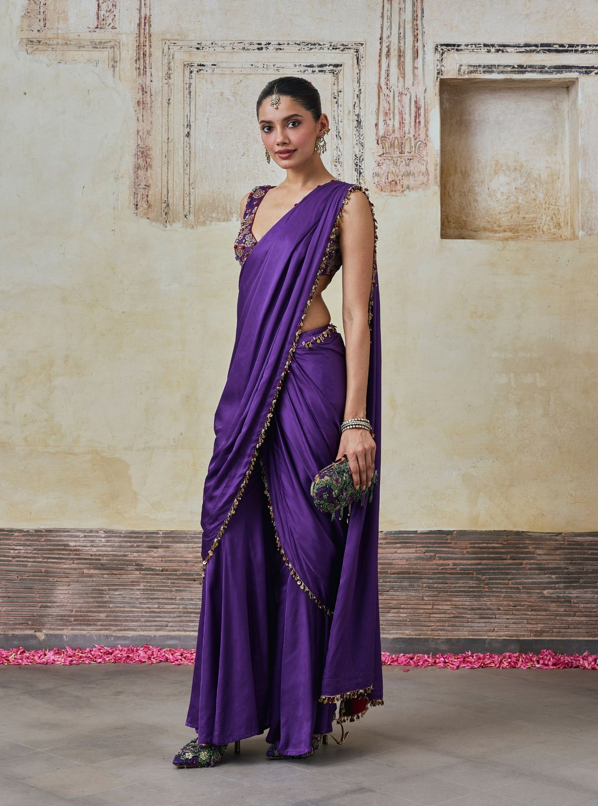 Saawari Cupro Satin Purple Pre-draped Saree