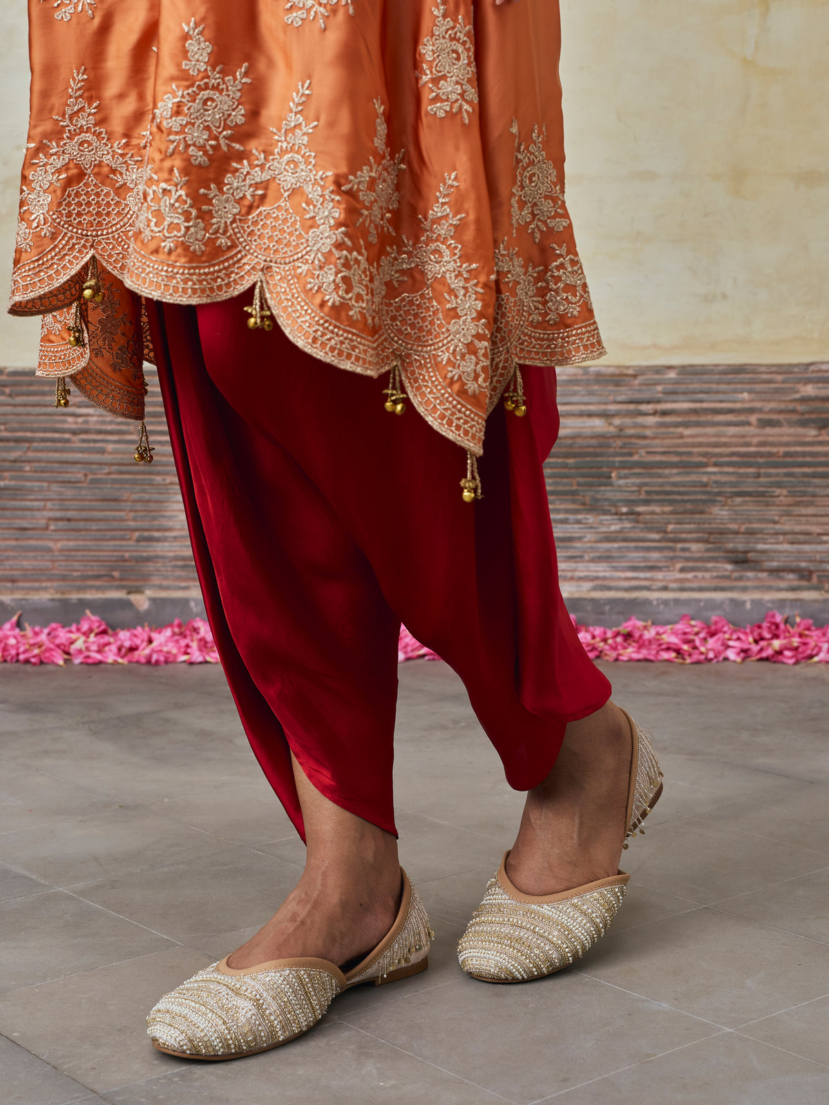 Saazni Cupro Satin Orange Kurta with Red Dhoti Pants