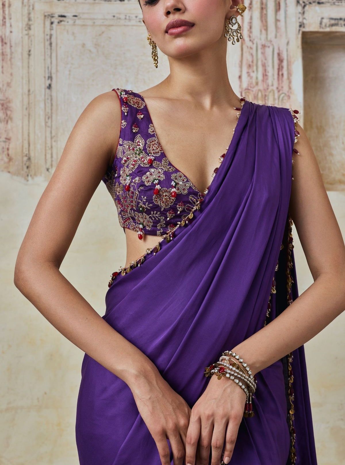 Saawari Cupro Satin Purple Pre-draped Saree