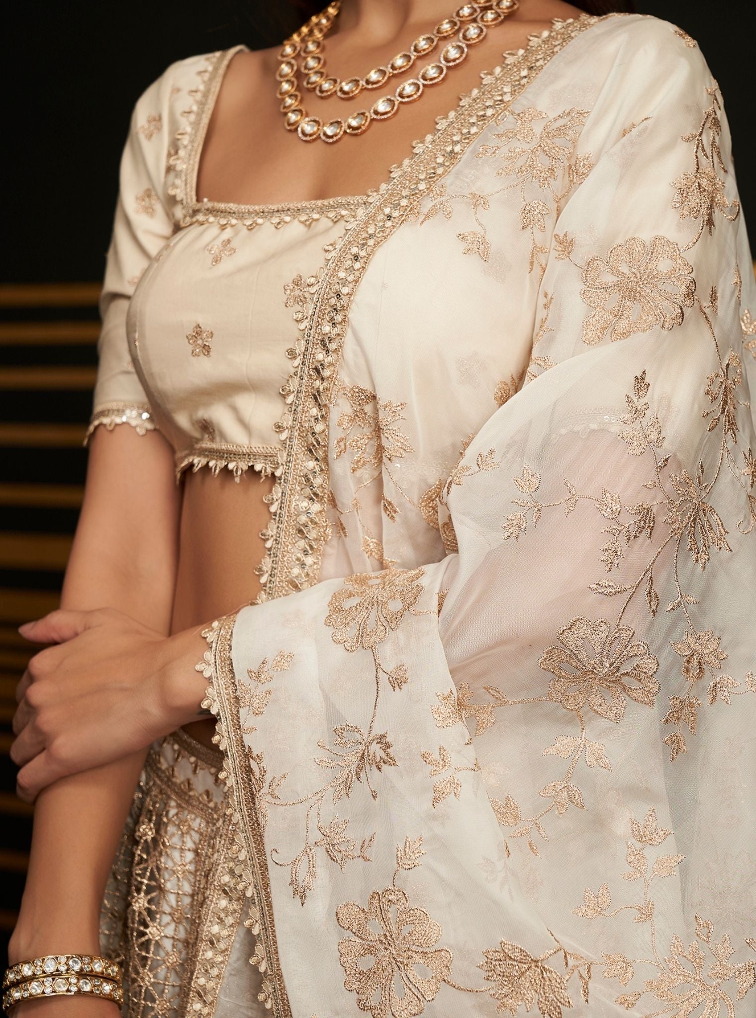 Mulmul Guipure Rehnuma Off White lehenga