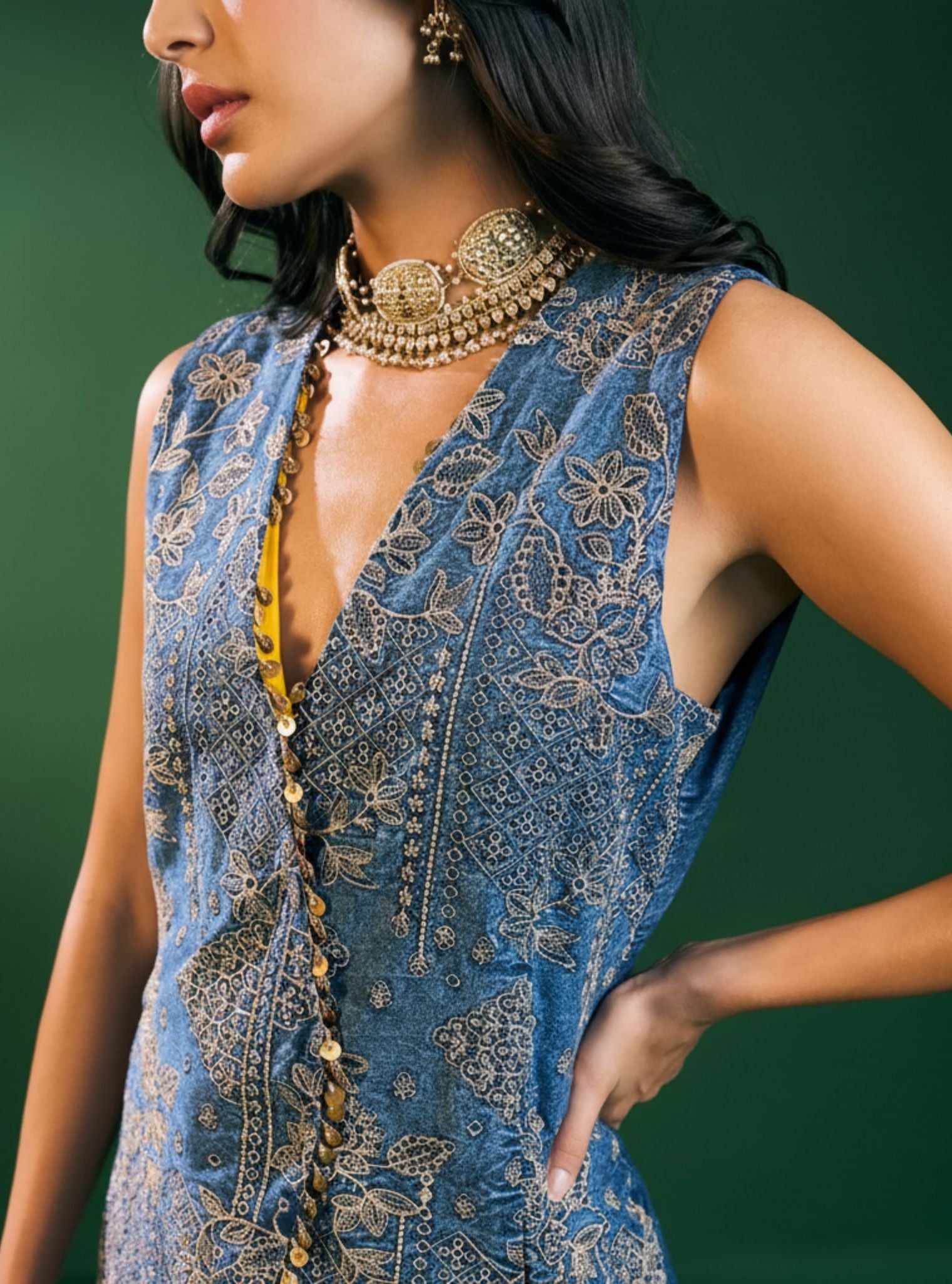 Lunira Denim Waistcoat With Cupro Satin Printed Mustard Pant