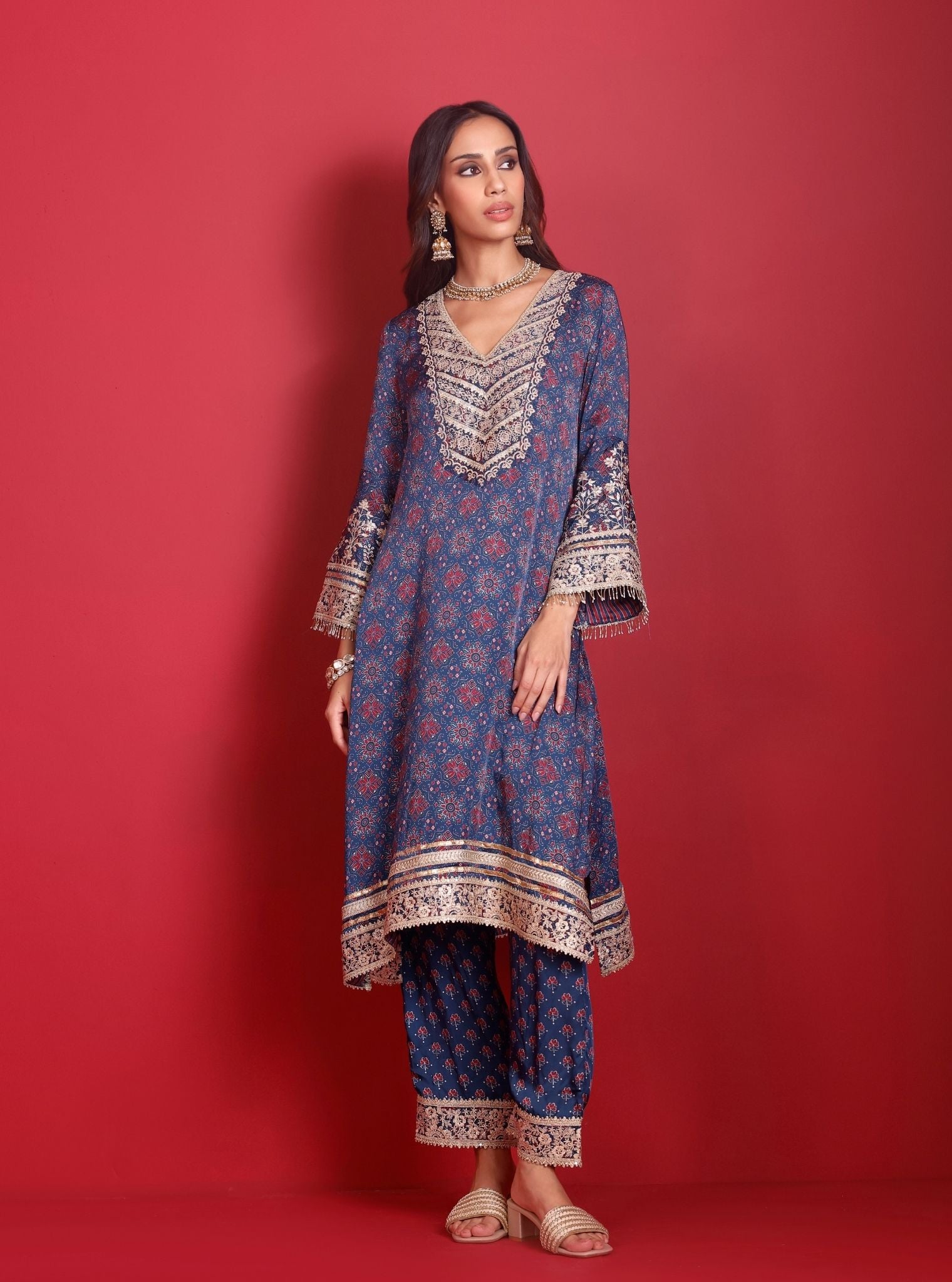 Sunheri Cupro Satin Navy Ajrakh Print Kurta Set