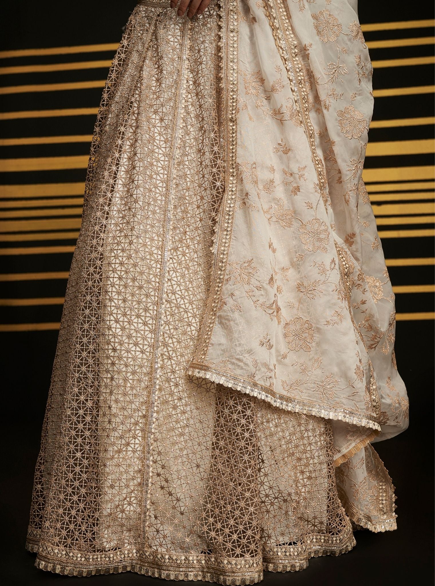 Mulmul Guipure Rehnuma Off White lehenga