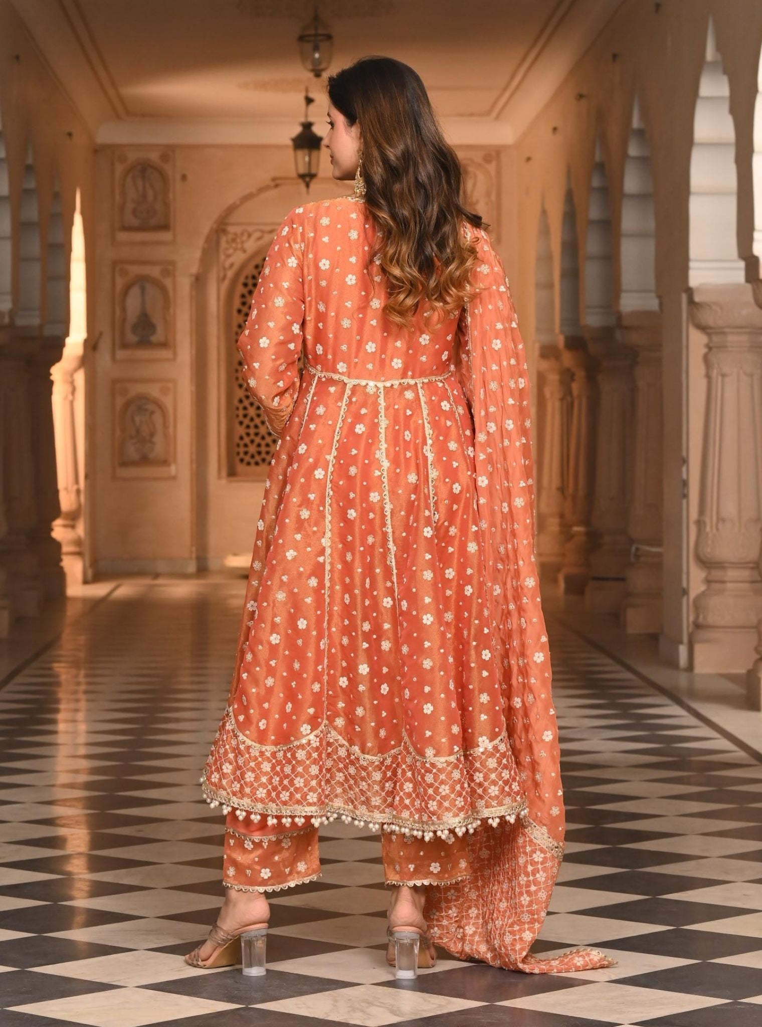 Mulmul Luxe Tissue Majhi Burnt Orange Anarkali Kurta with Mulmul Modal Satin Majhi Burnt Orange Pant