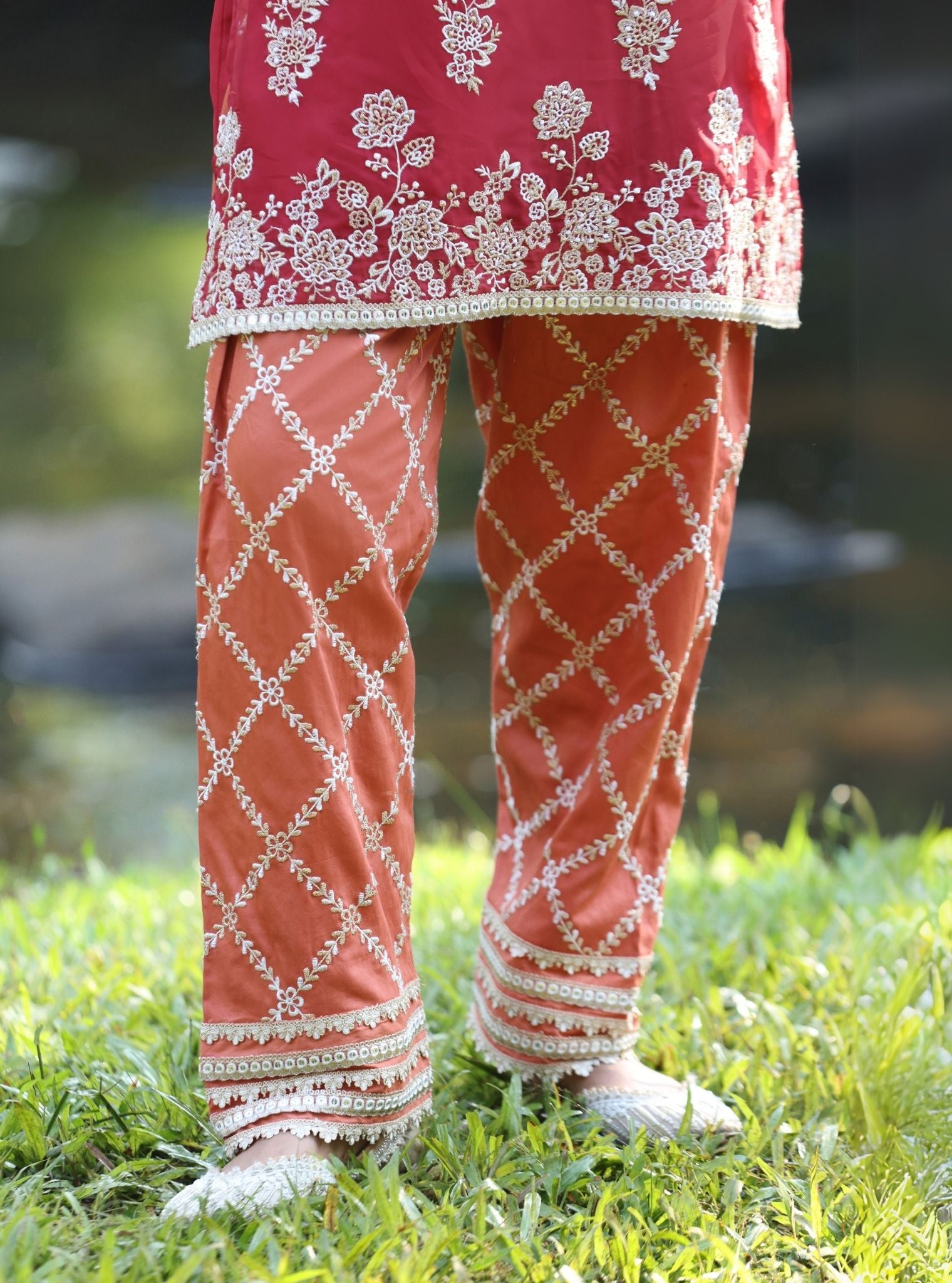 Mulmul Organza Khwab Red Kurta With Mulmul Pima Satin Khwab Orange Pant