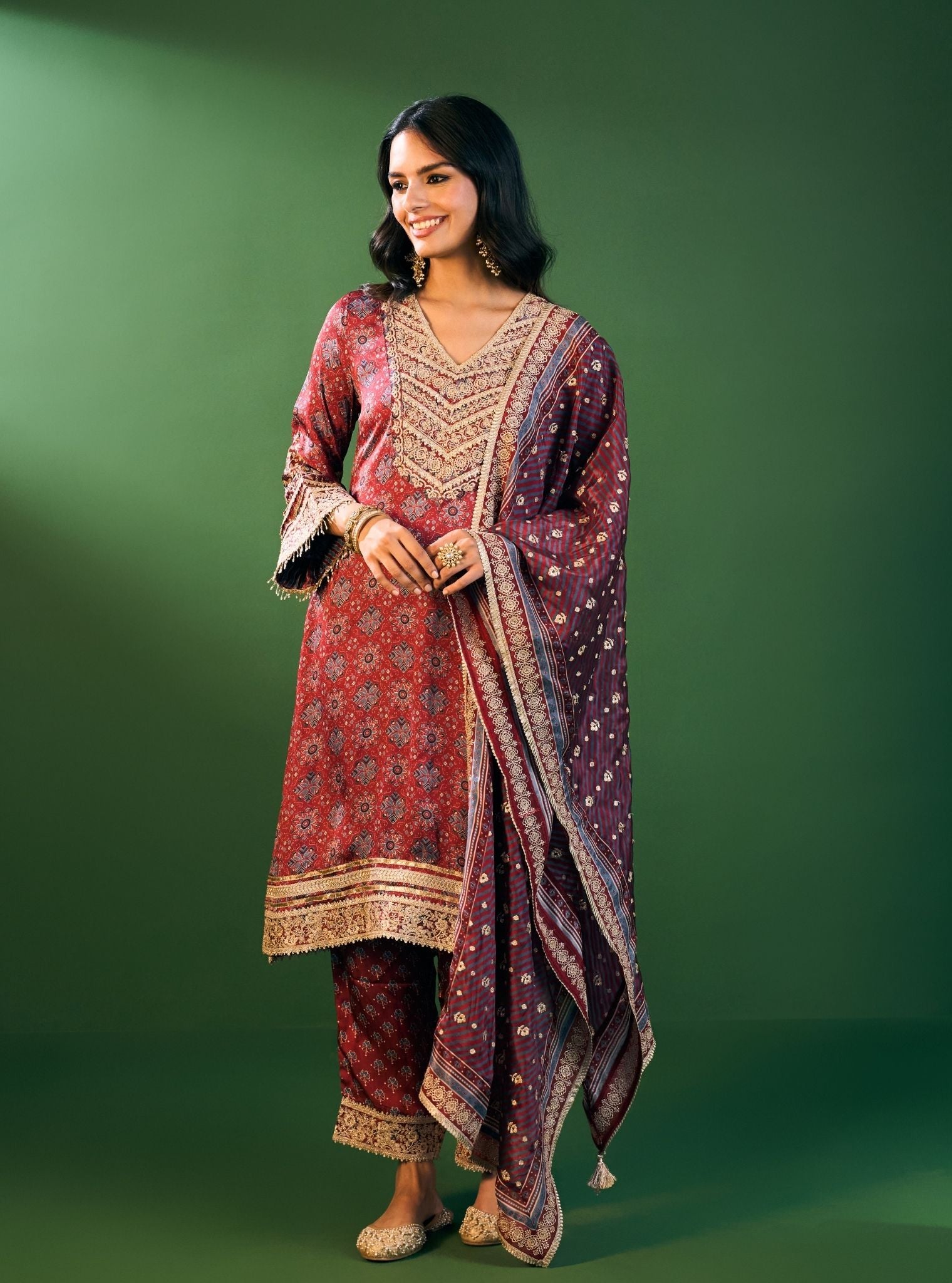 Sunheri Cupro Satin Red Ajrakh Print Kurta Set