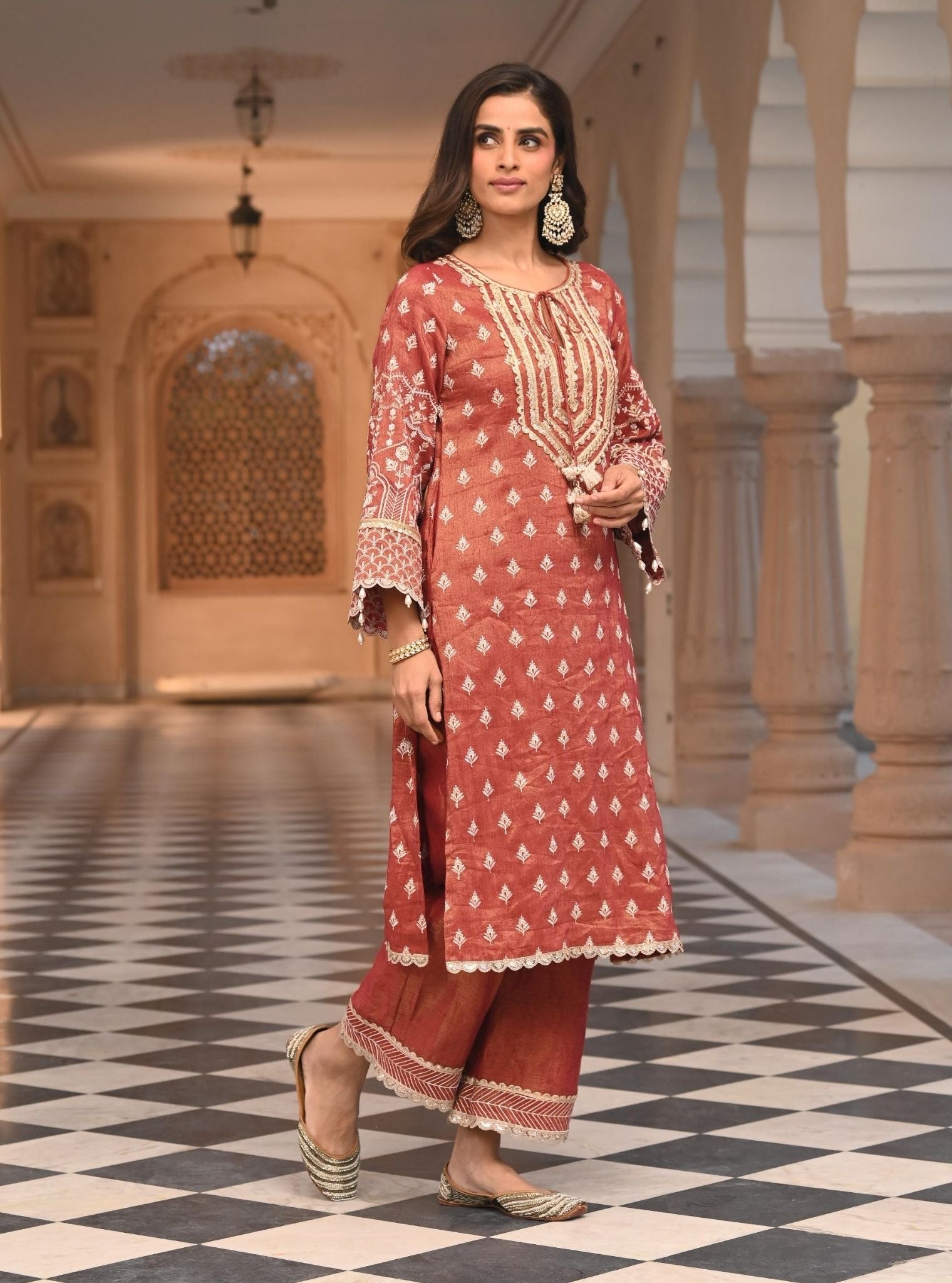 Mulmul Luxe Tissue Satin Dholna Red Kurta with Mulmul Luxe Tissue Satin Dholna Red Pant