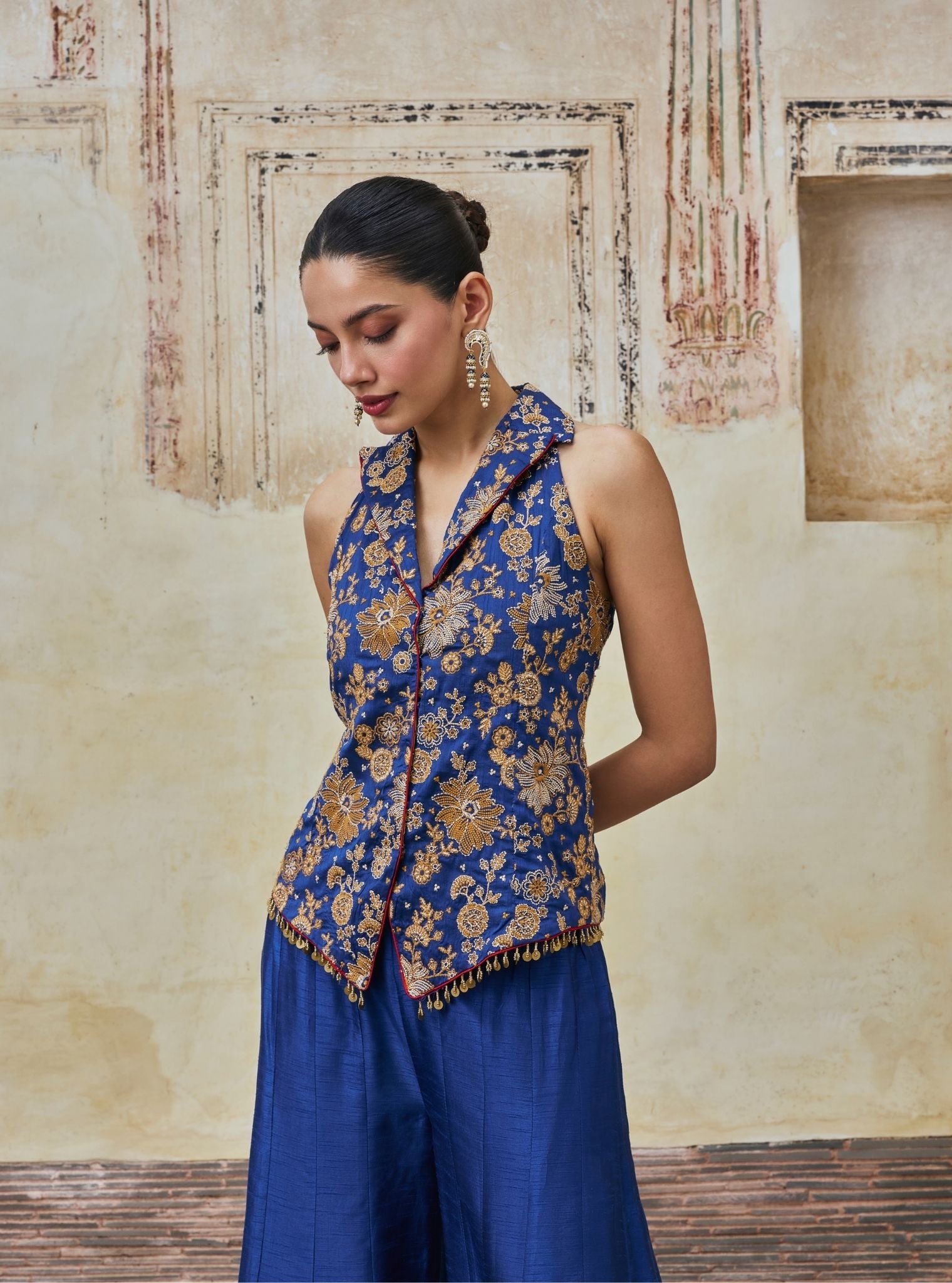 Kairavi Bemberg Raw Silk Blue Waistcoat & Sharara