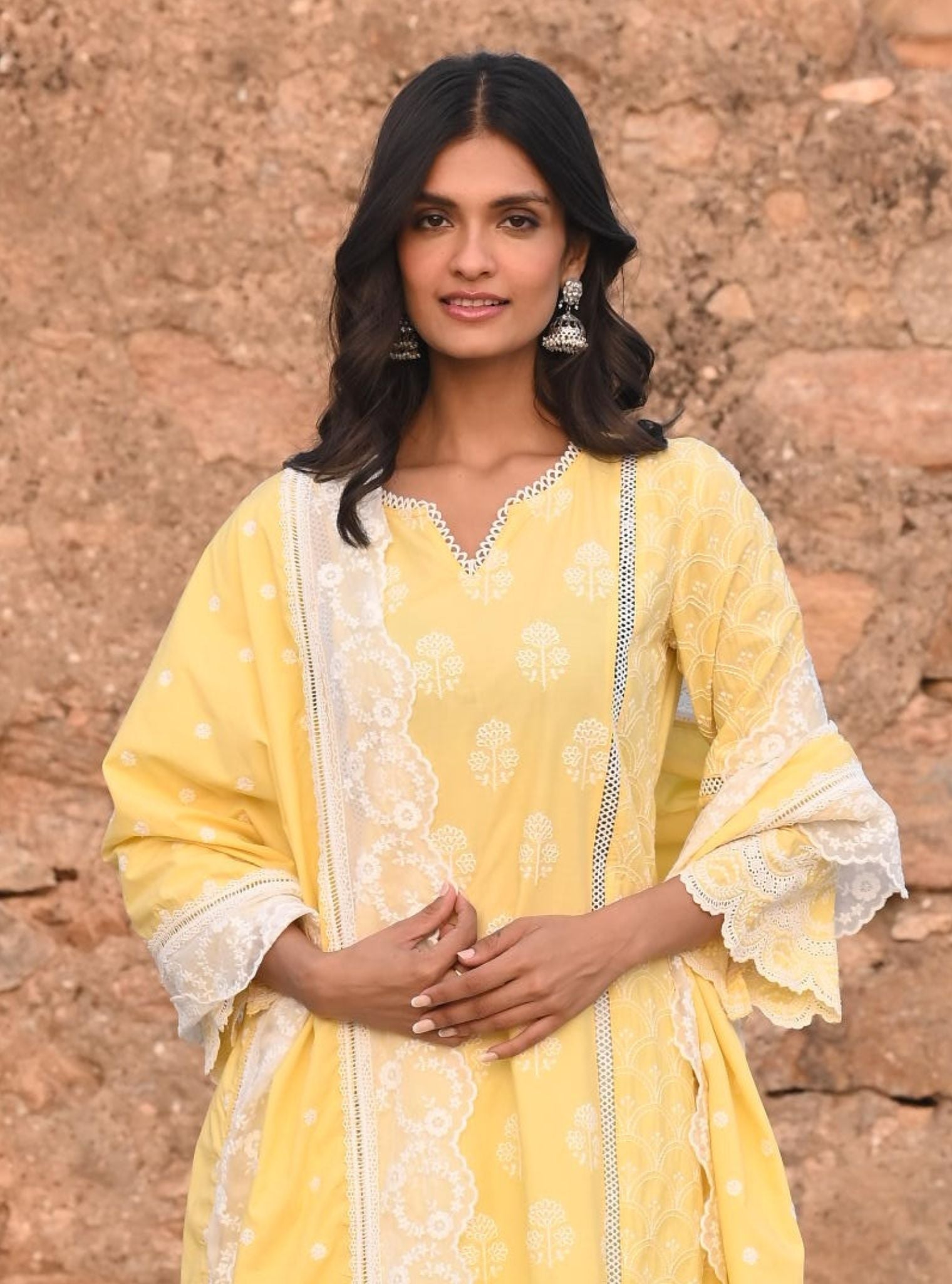 Mulmul Supima Satin Blair Yellow Kurta With Multi Lace Slim White Pant