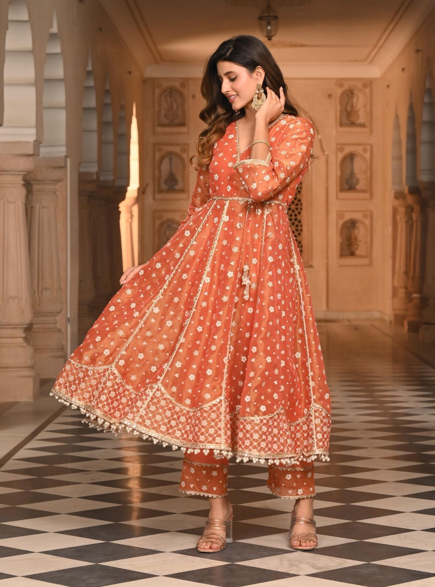 Mulmul Luxe Tissue Majhi Burnt Orange Anarkali Kurta with Mulmul Modal Satin Majhi Burnt Orange Pant