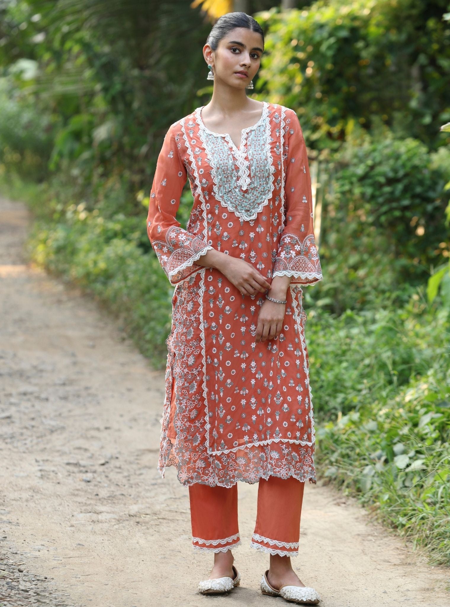 Mulmul Organza Kovalam Terracotta Kurta With Mulmul Cotton Kovalam Terracotta Pant