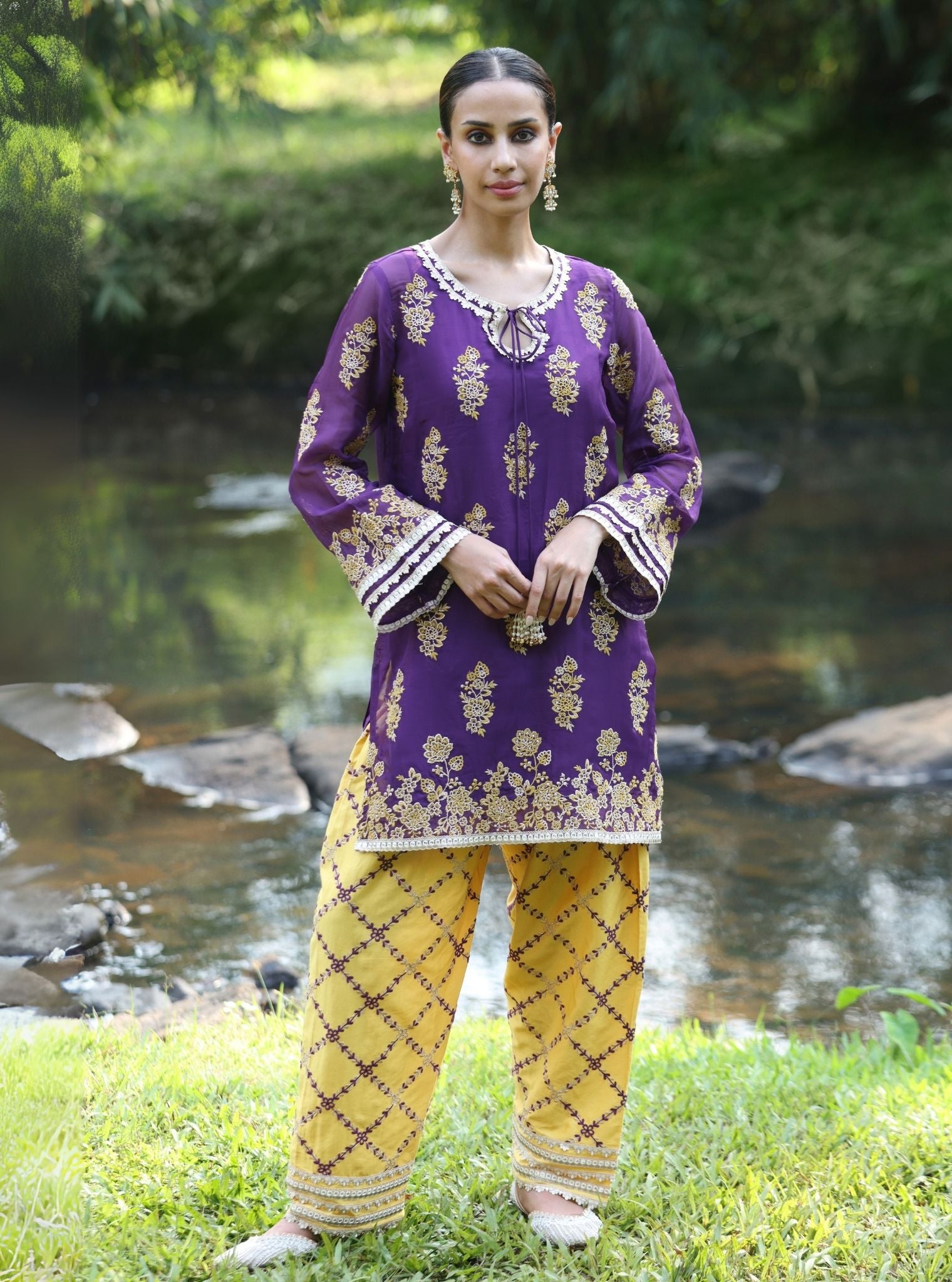 Mulmul Organza Khwab Purple Kurta With Mulmul Pima Satin Khwab Yellow Pant