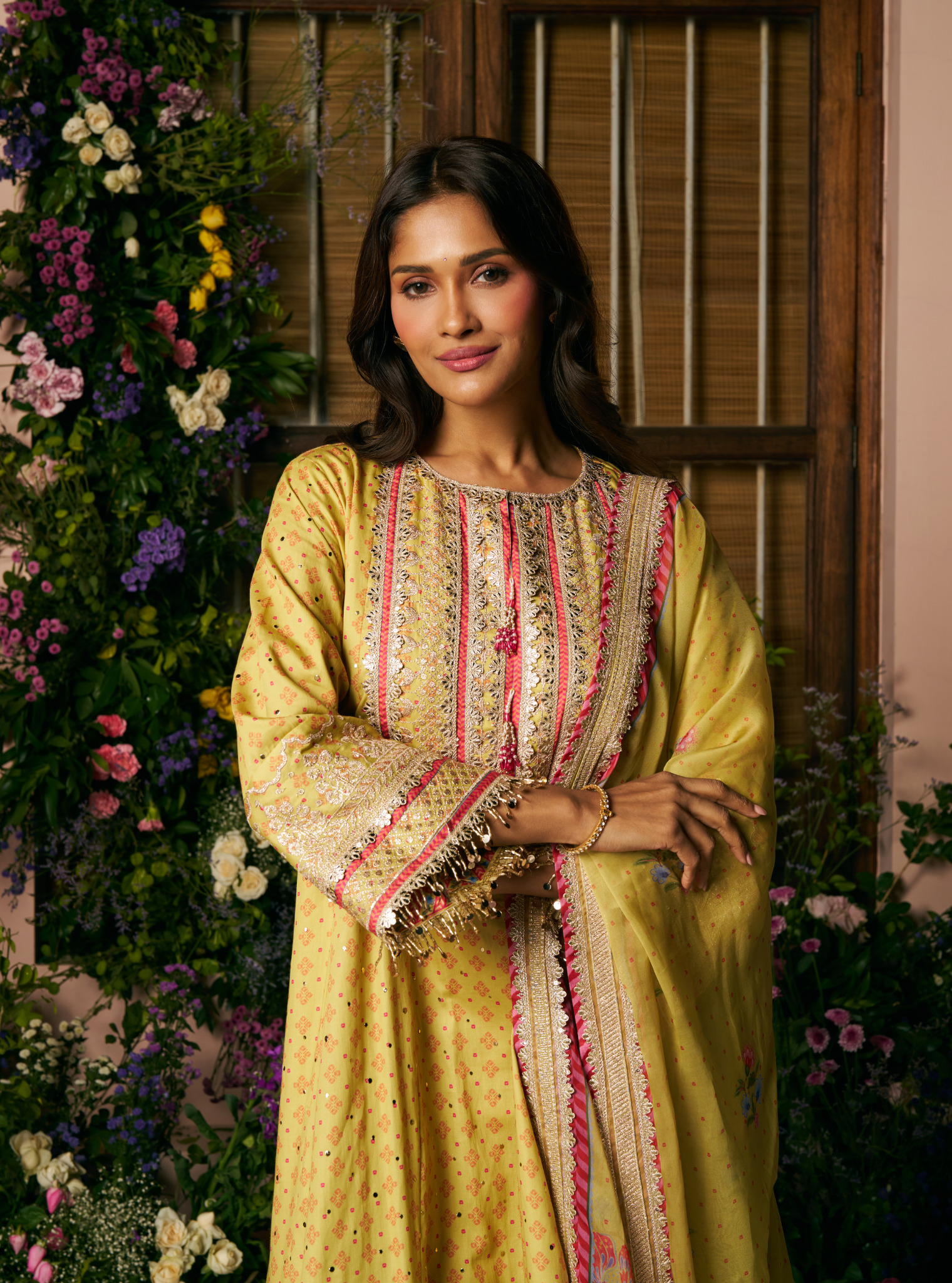 Maitri Pima Satin Lime Printed Kurta Set