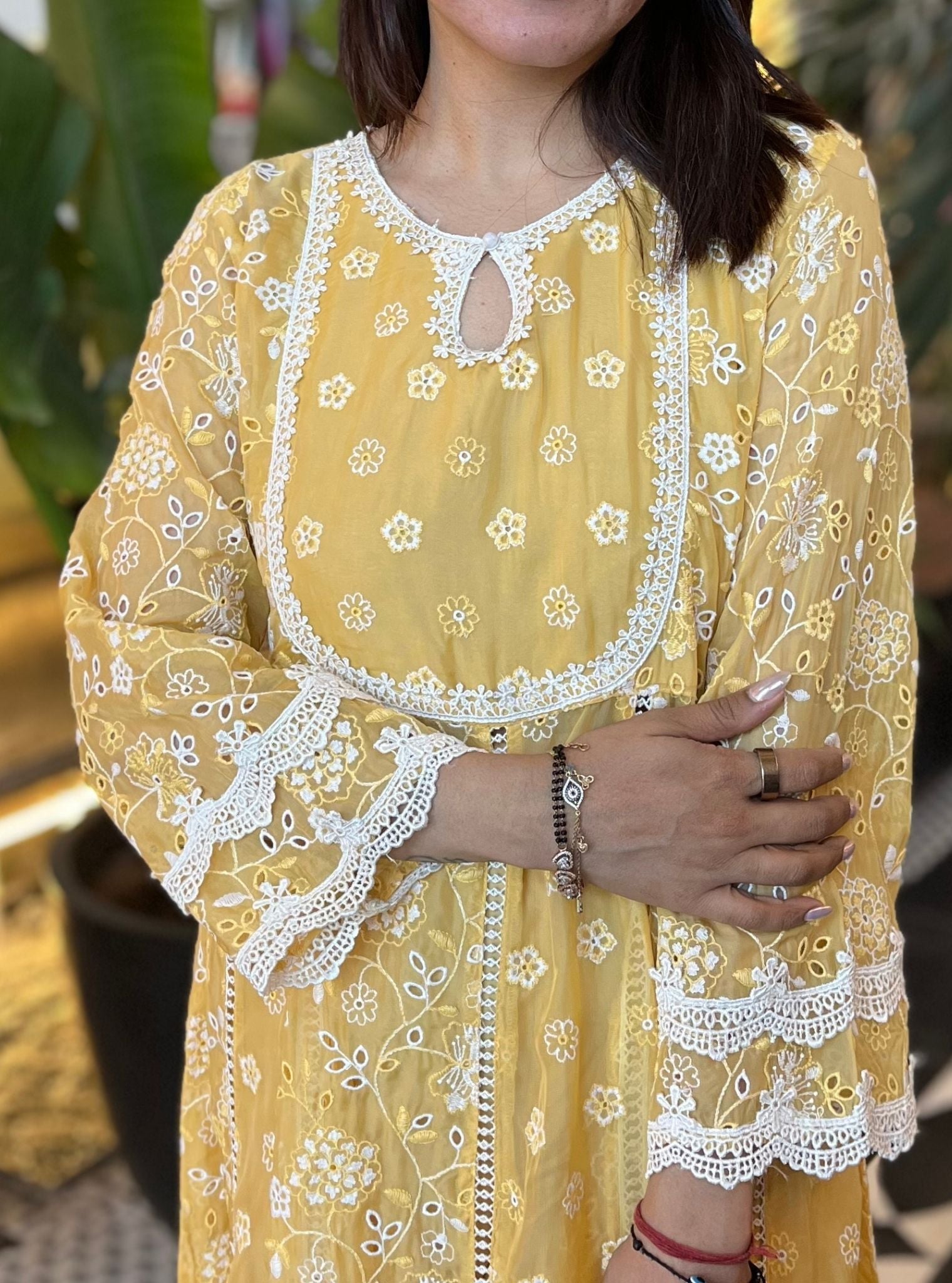 Mulmul Organza Britney Yellow Anarkali Kurta With Mulmul Cotton Britney Yellow Pant