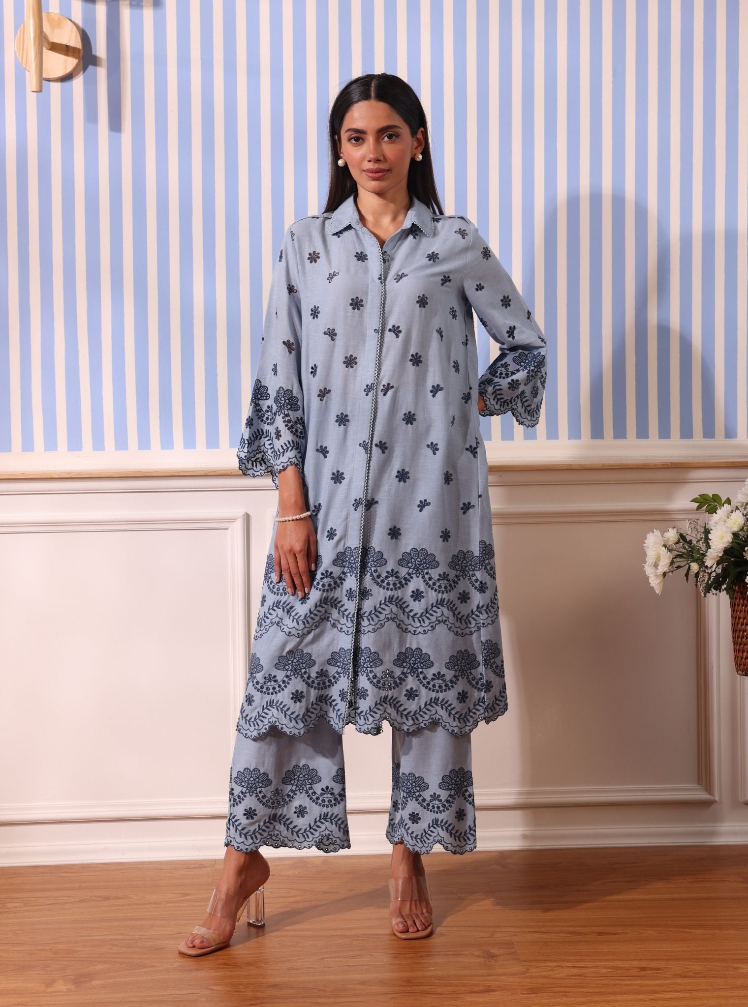 Mulmul Linen Odin Light Blue Long Shirt With Mulmul Linen Odin Light Blue Pant