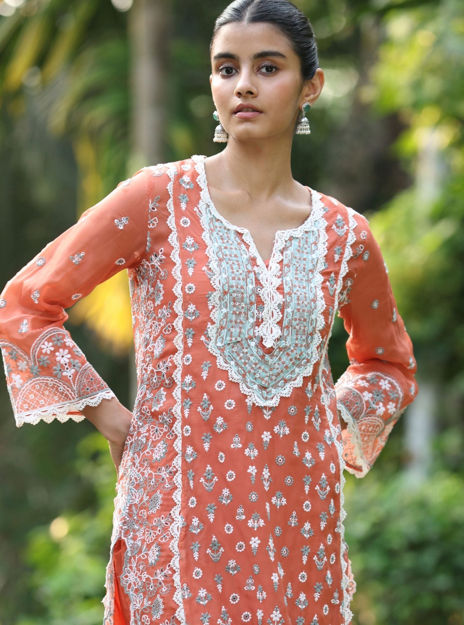 Mulmul Organza Kovalam Terracotta Kurta With Mulmul Cotton Kovalam Terracotta Pant