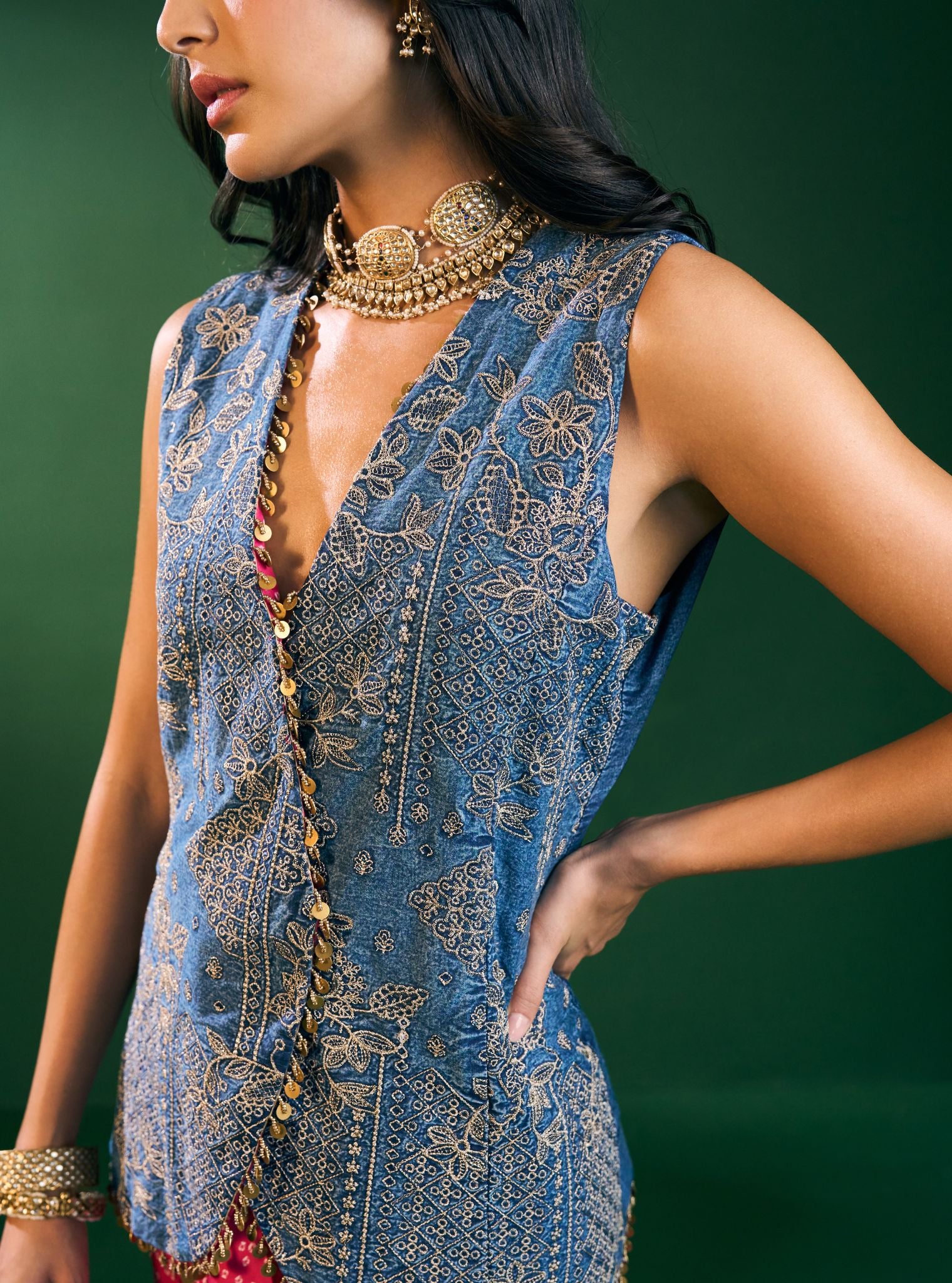 Lunira Denim Waistcoat With Cupro Satin Printed Fuschia Pant