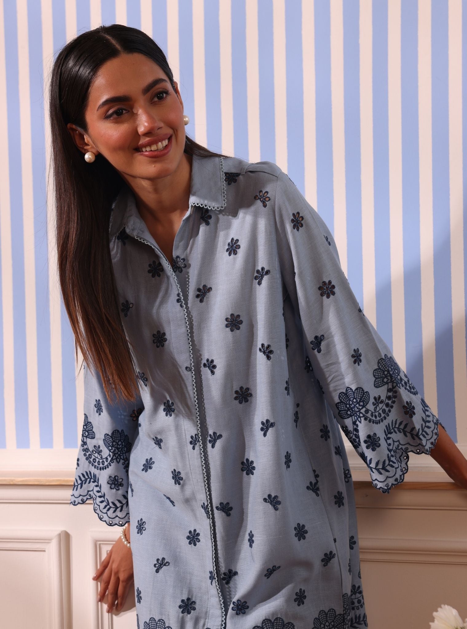 Mulmul Linen Odin Light Blue Long Shirt With Mulmul Linen Odin Light Blue Pant