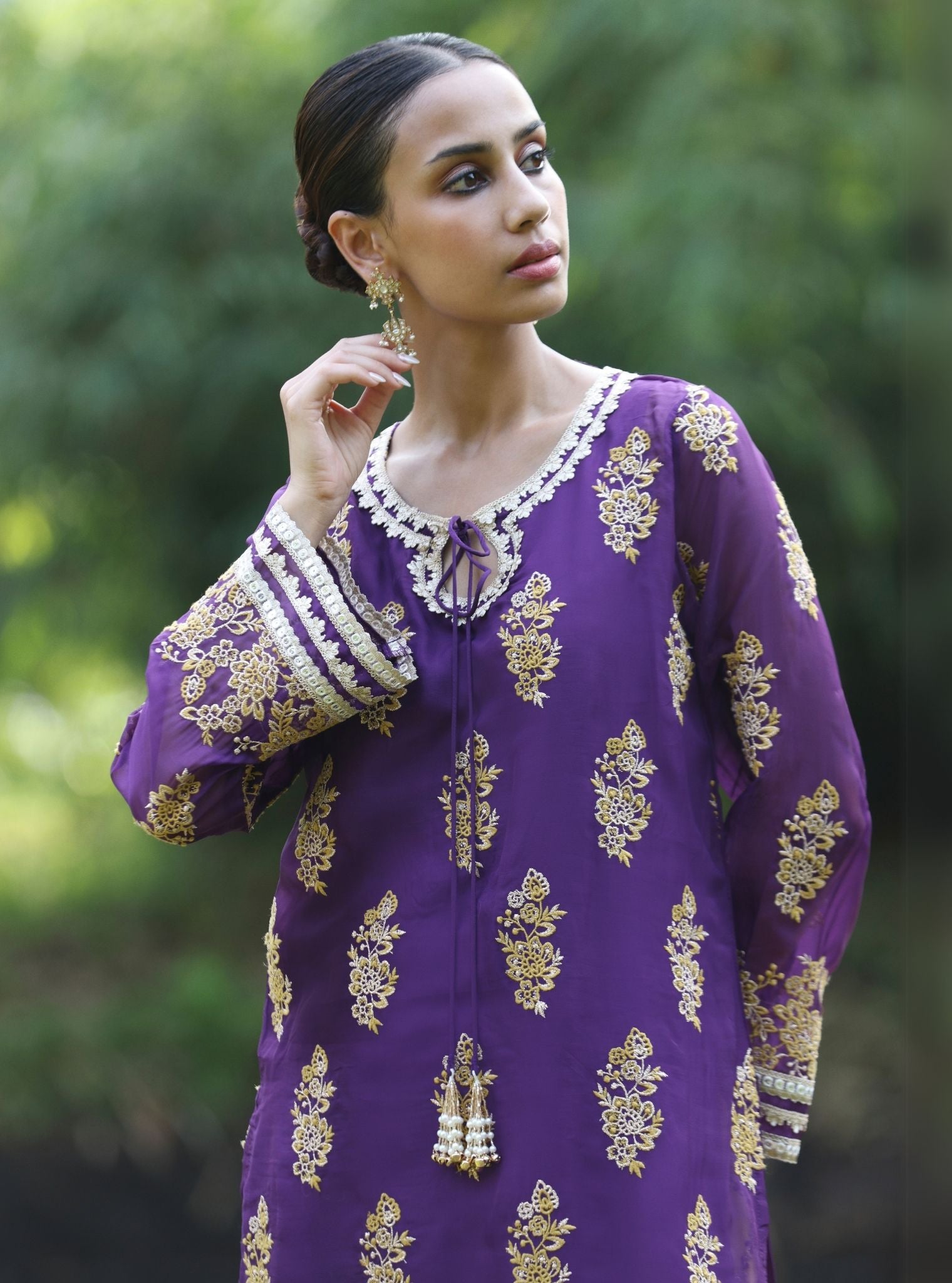 Mulmul Organza Khwab Purple Kurta With Mulmul Pima Satin Khwab Yellow Pant