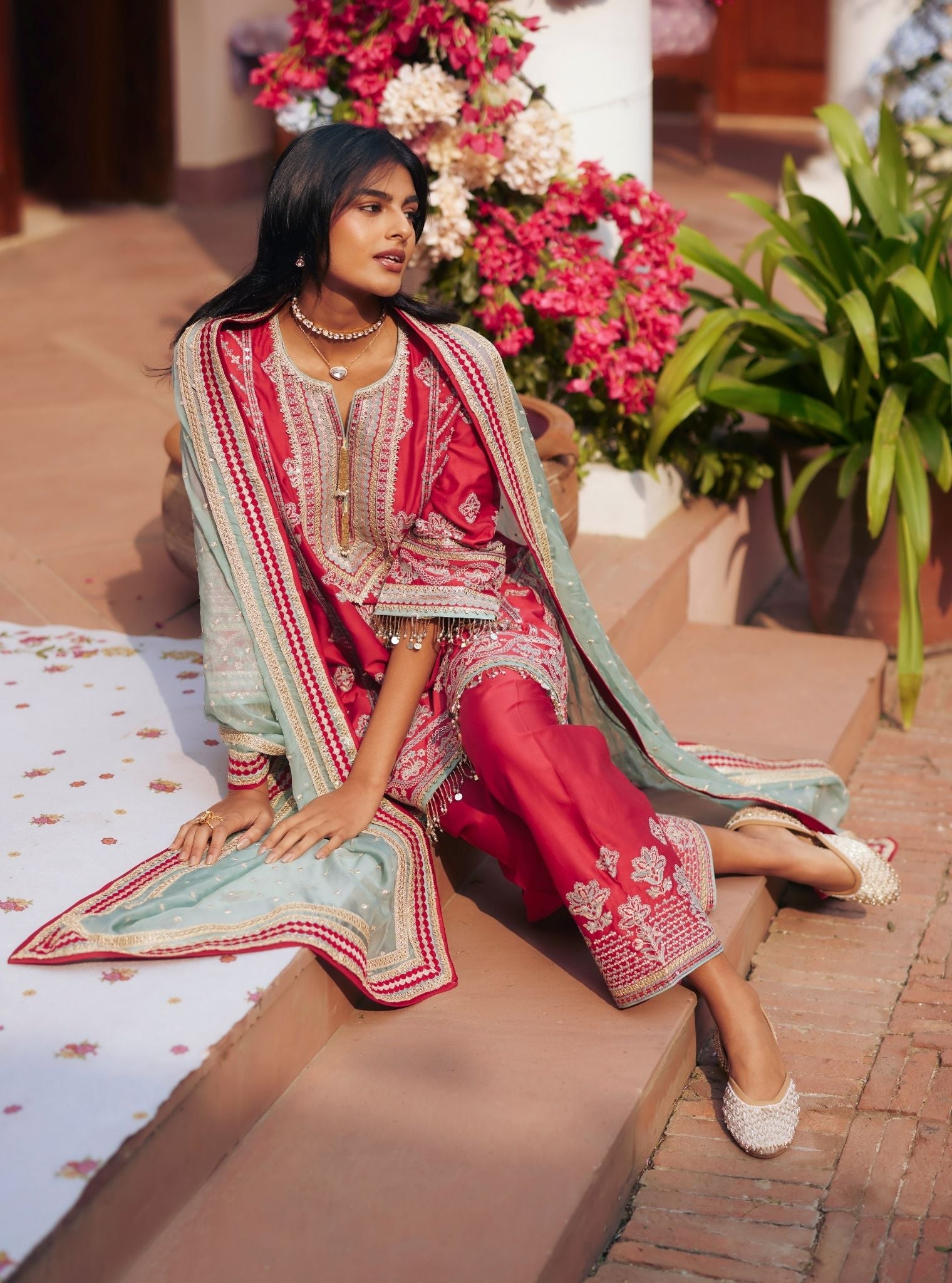 Khumari Pima Satin Red Kurta Set