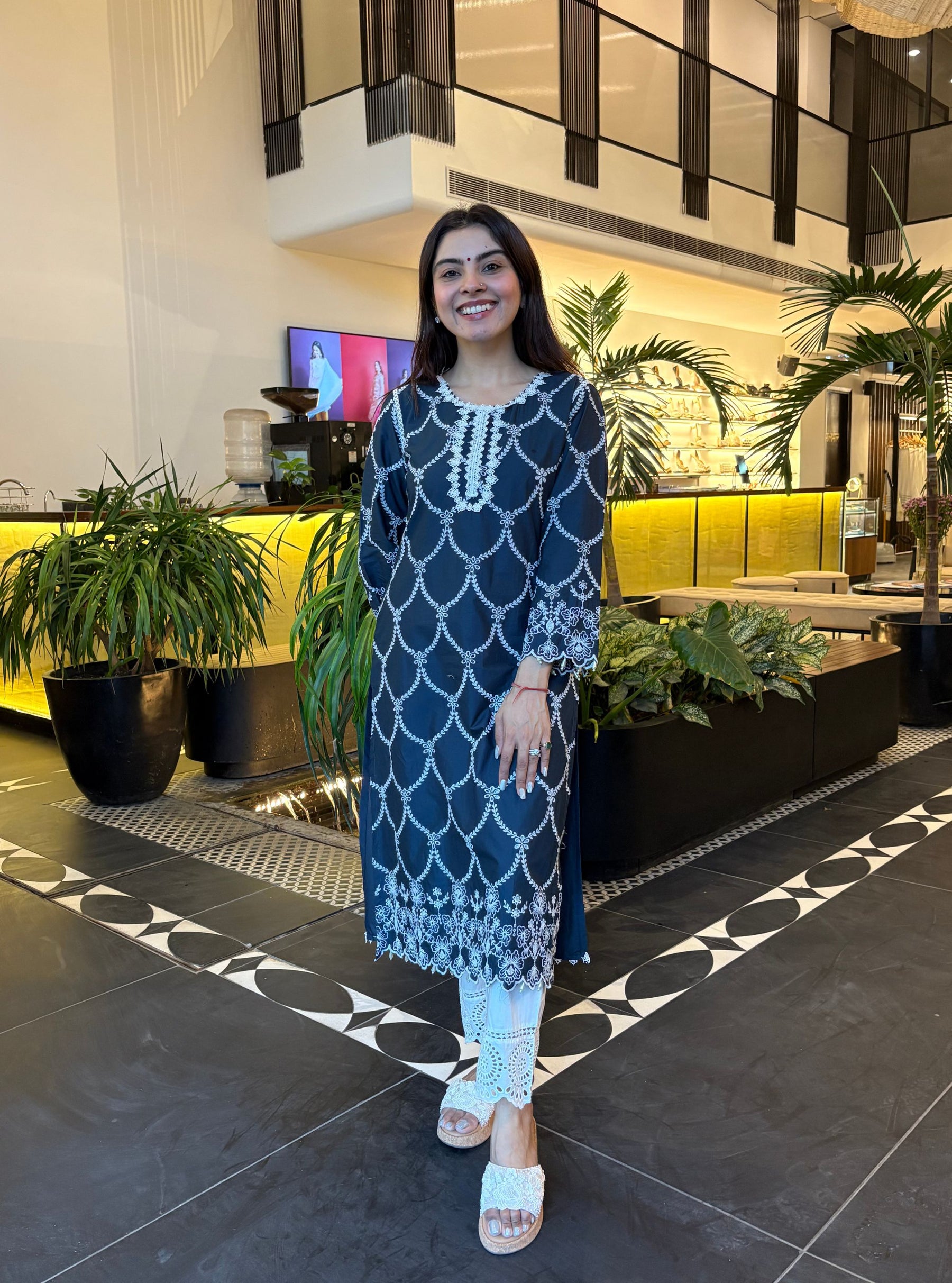 Aashay Cotton Navy Kurta With Eyelet Cotton White Pant