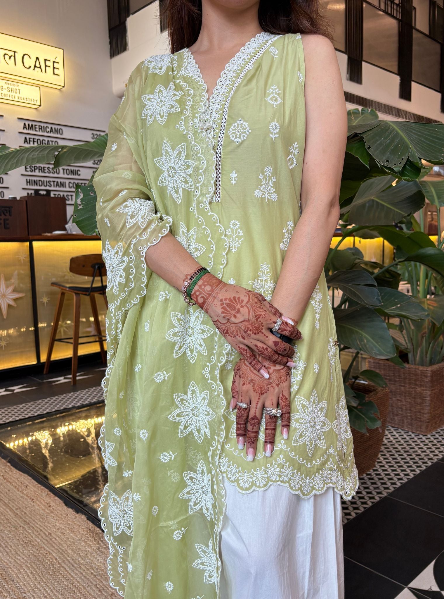 Zoa Supima Cotton Green Kurta With Viona White Farshi Salwar