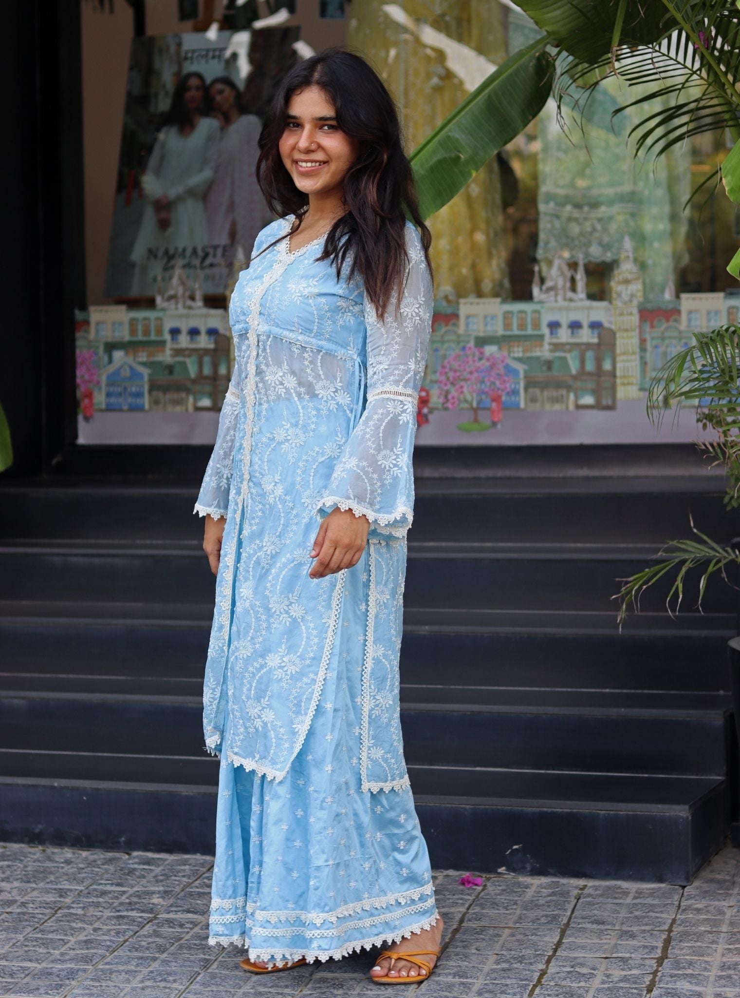 Mulmul Organza Gaia Blue Kurta With Mulmul Pima Gaia Blue Sharara