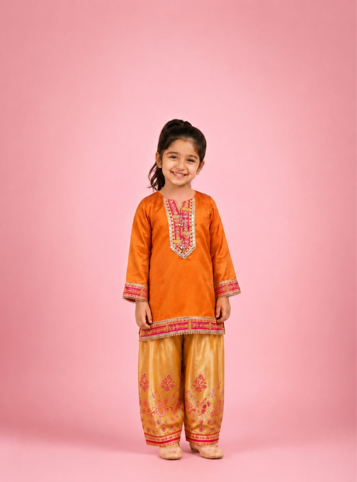 Caeli Cupro Satin Printed Orange & Mustard Kurta Set