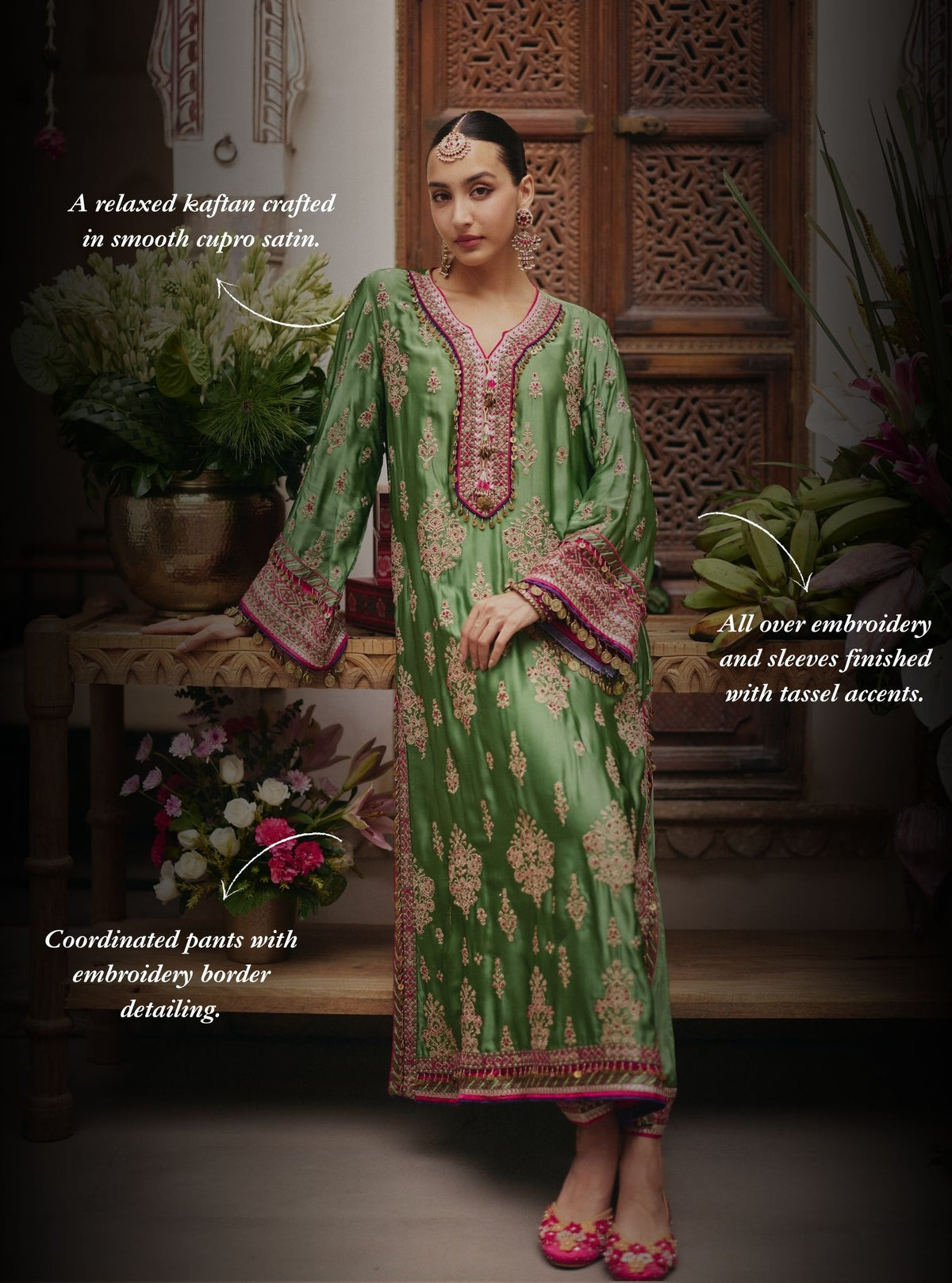 Koyal Cupro Satin Matcha Green Kaftan Set
