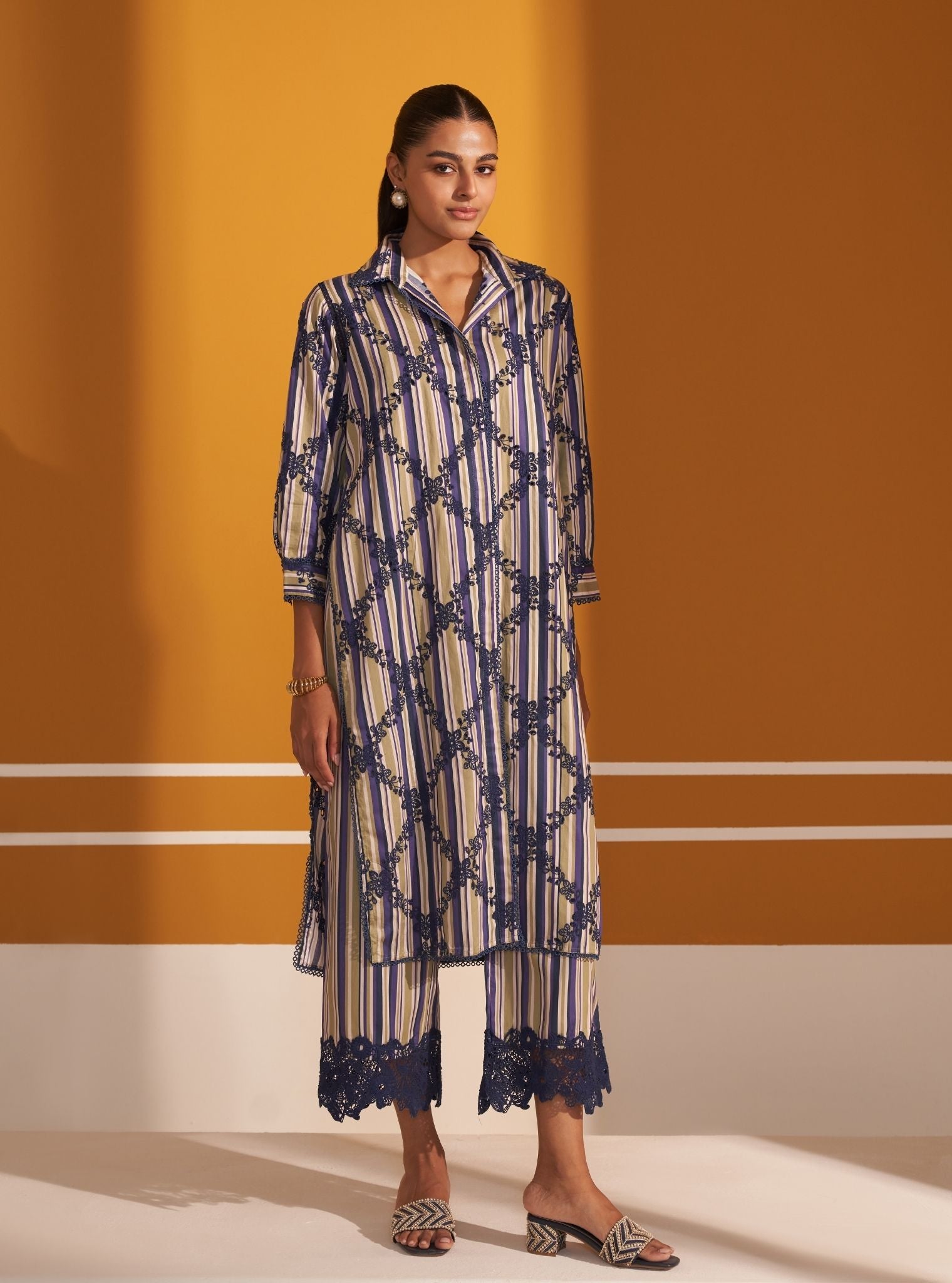 Mulmul Pima Satin Stripe Joy Navy Kurta With Mulmul Pima Satin Stripe Joy Navy Pant