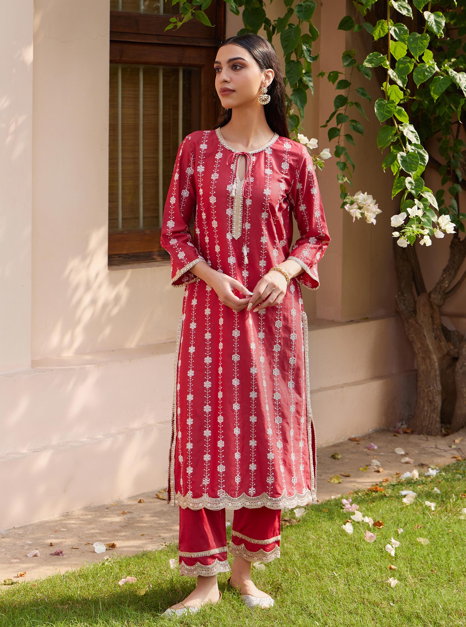 Mulmul Pima Jheel Red Kurta With Mulmul Jheel Red Pant