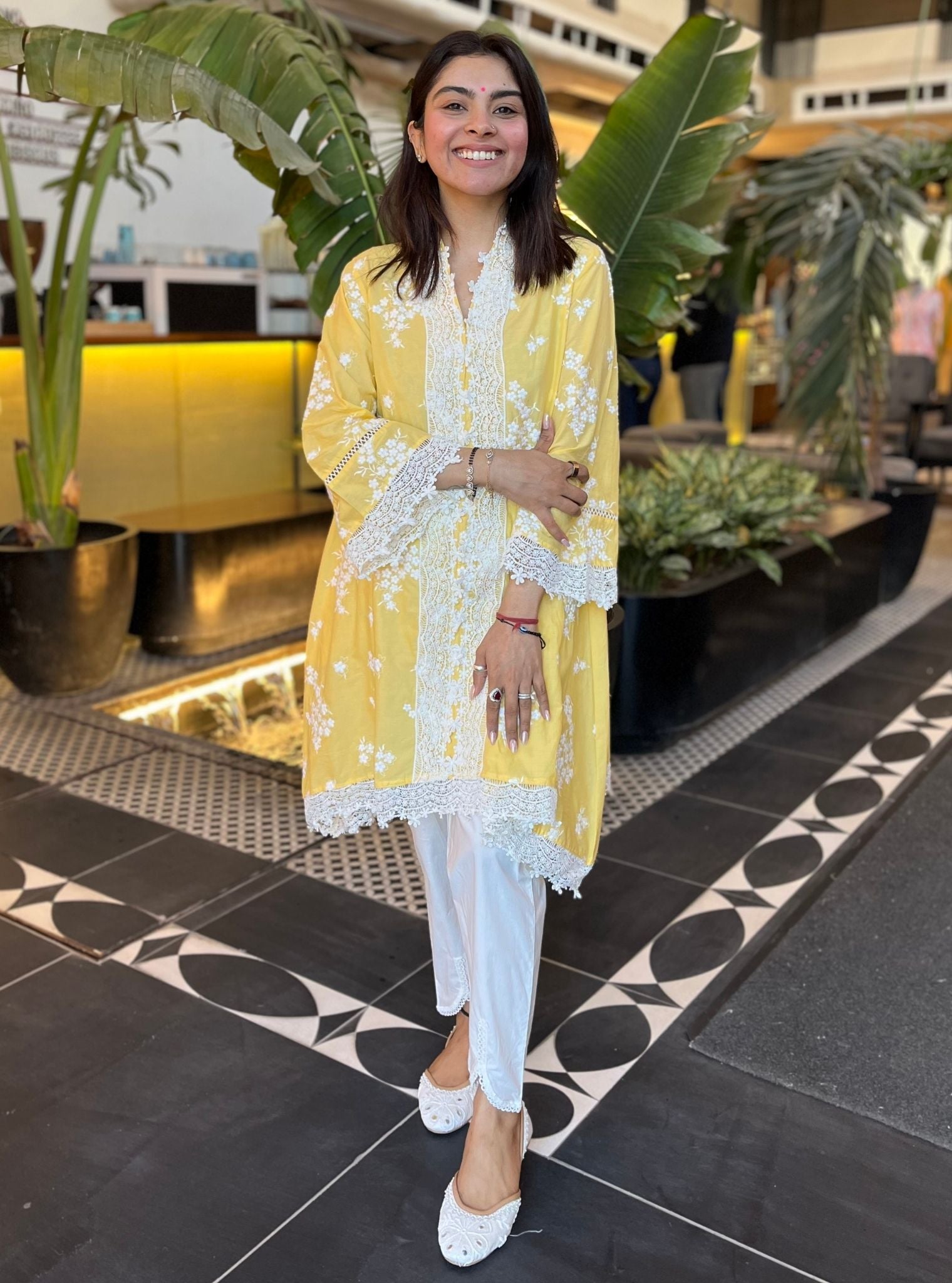 Livia Supima Cotton Yellow Kurta With Supima Cotton Inverted V Hem Pan