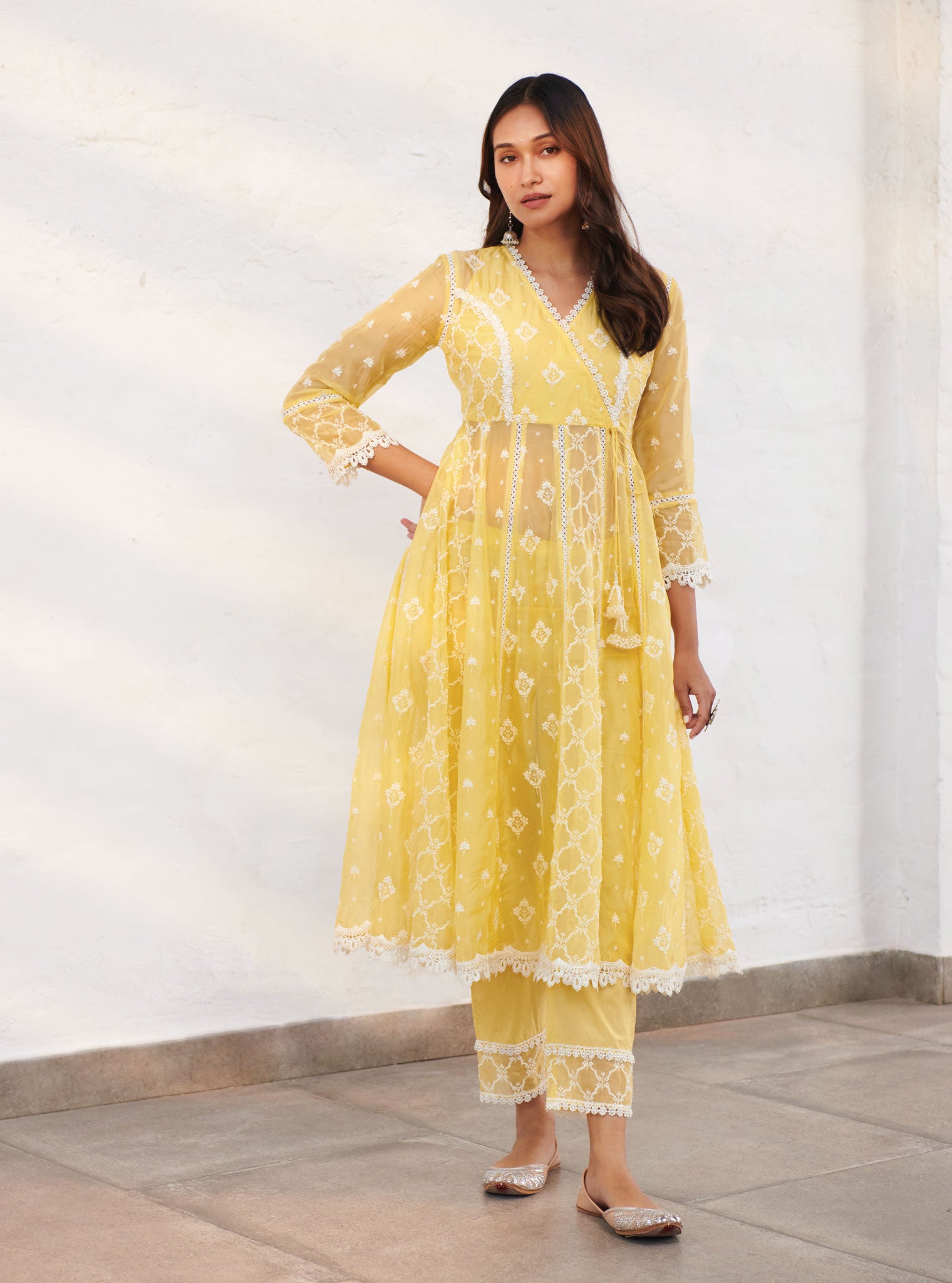 Mulmul Organza Morey Yellow Anarkali Kurta With Cotton Morey Yellow Pant