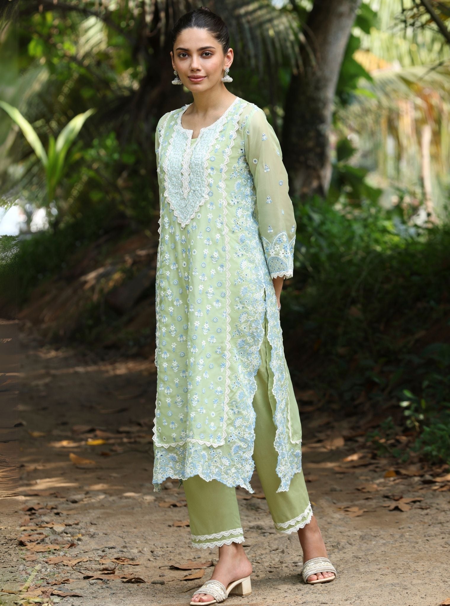 Mulmul Organza Kovalam Green Kurta With Mulmul Cotton Kovalam Green Pant