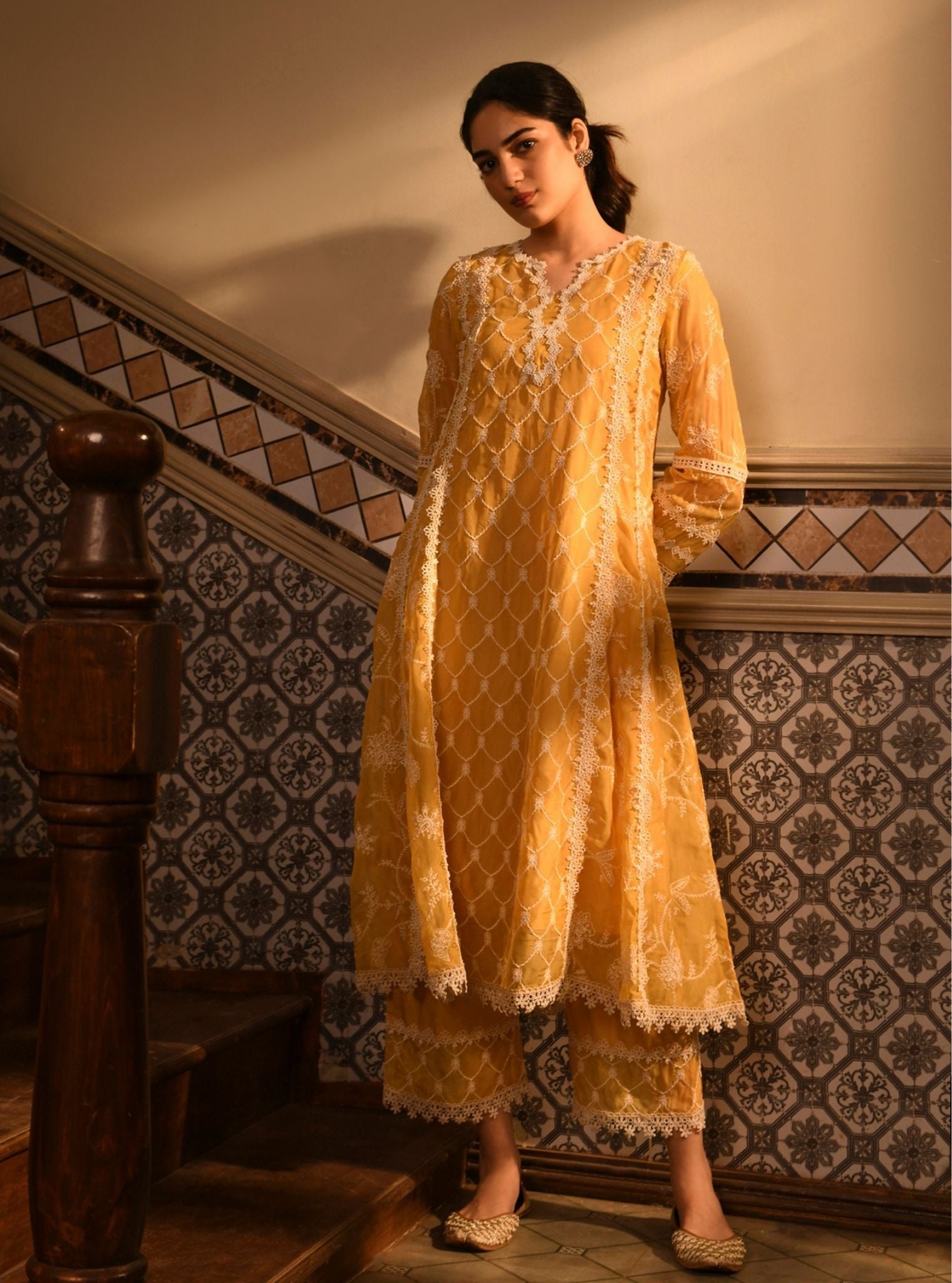 Mulmul Organza Barsin Yellow Anarkali Kurta With Mulmul Cotton Barsin Yellow Pant