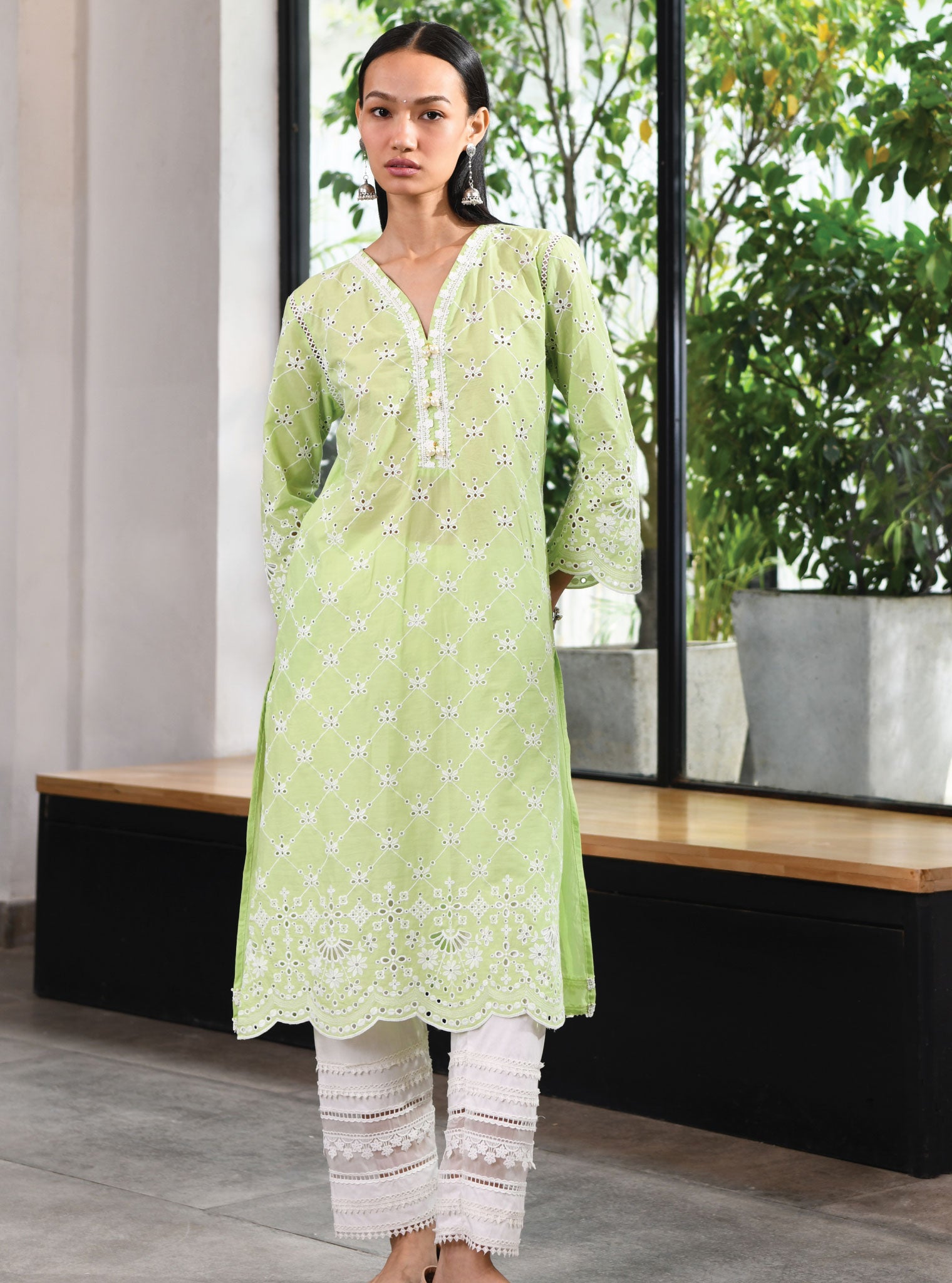 Mulmul Cotton Perth Green Kurta With Multi Lace Slim White Pant