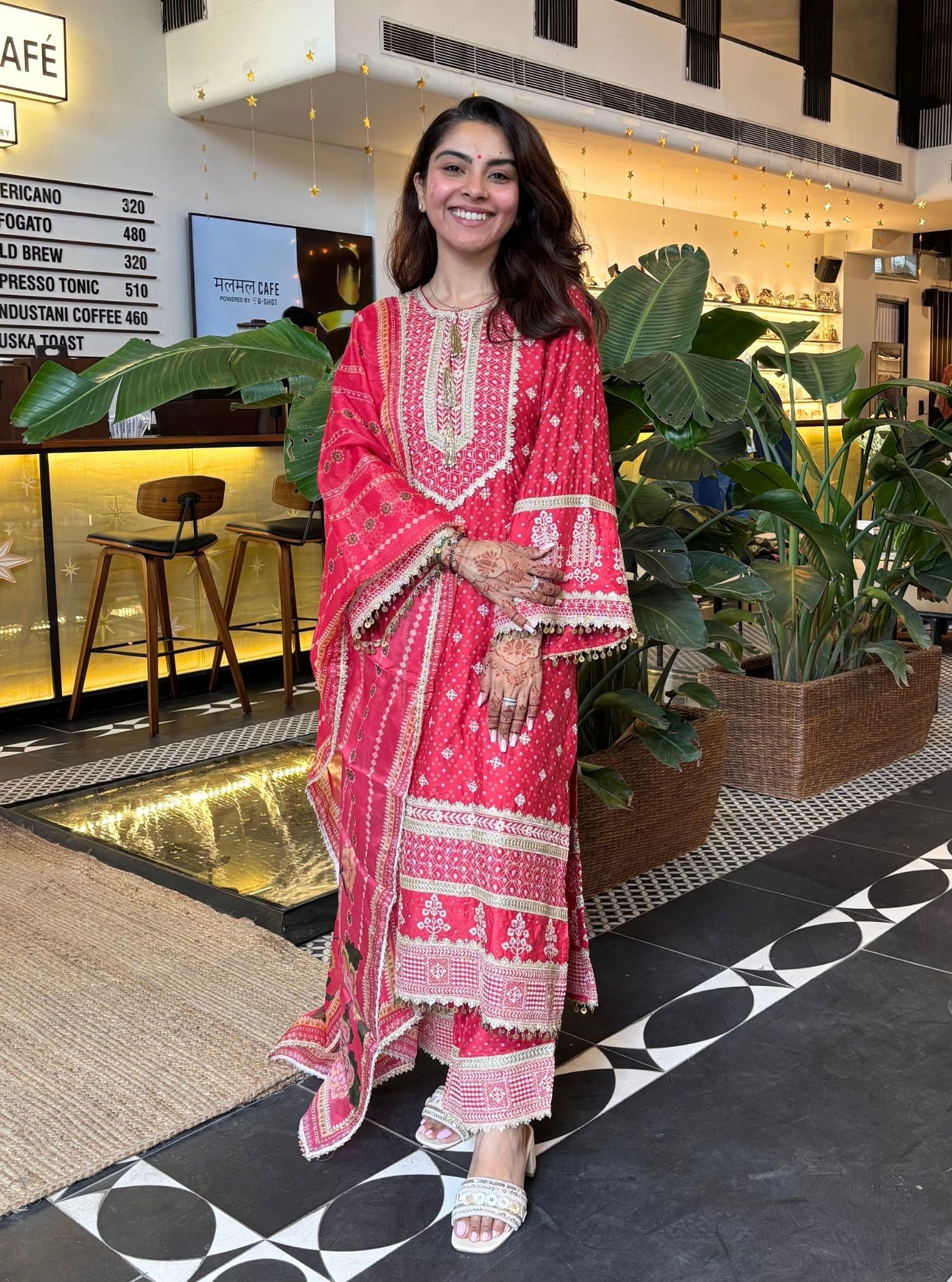 Lari Pima Satin Printed Red Kurta Set