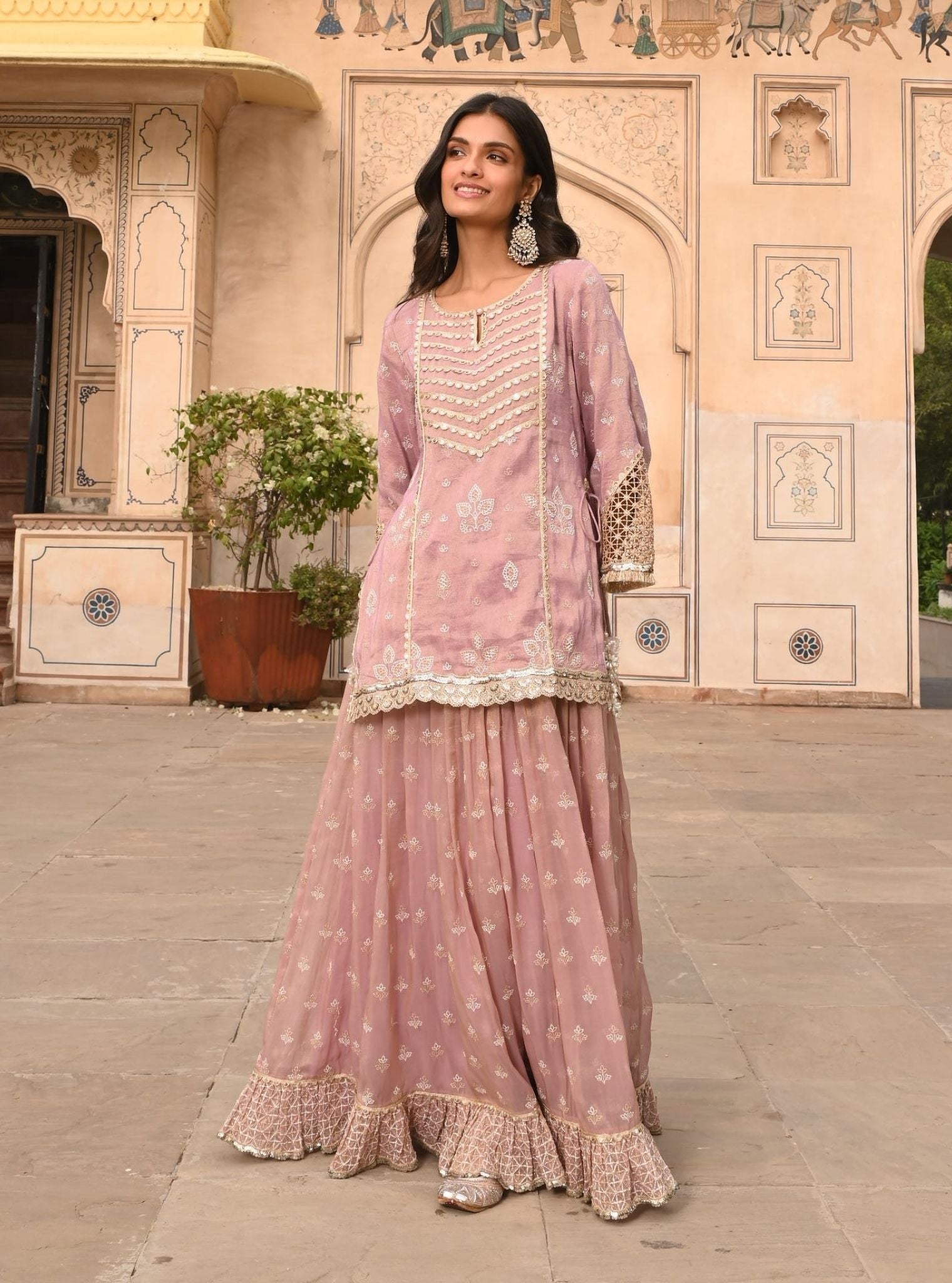 Mulmul Luxe Tissue Satin Lamhe Lilac Kurta with Mulmul Luxe Tissue Lamhe Lilac Skirt