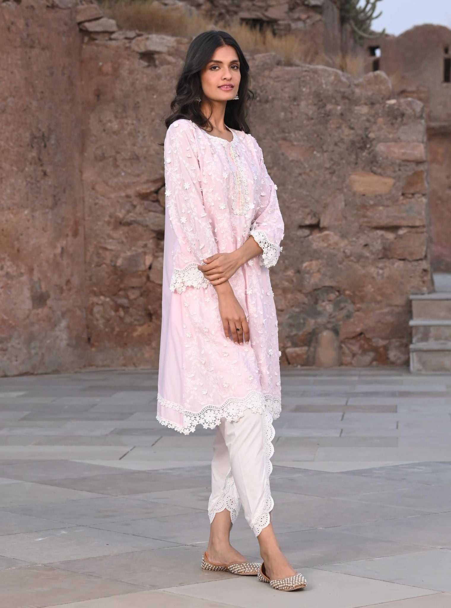 Mulmul Cotton BayBreeze Pink Kurta With Border White Dhoti Pant