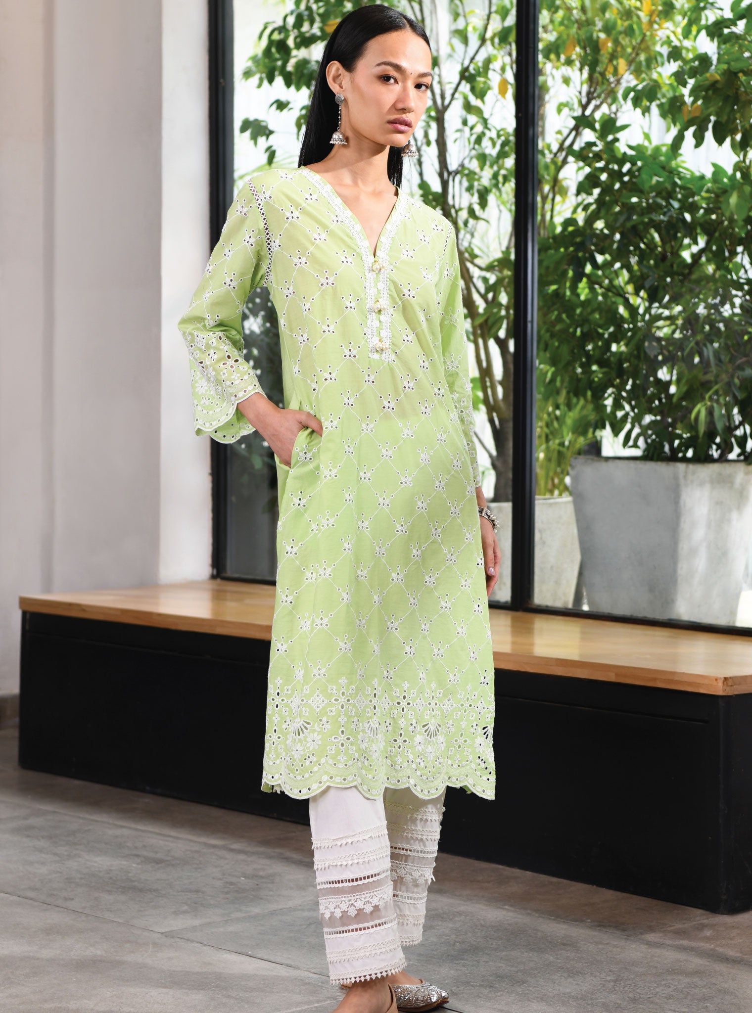 Mulmul Cotton Perth Green Kurta With Multi Lace Slim White Pant