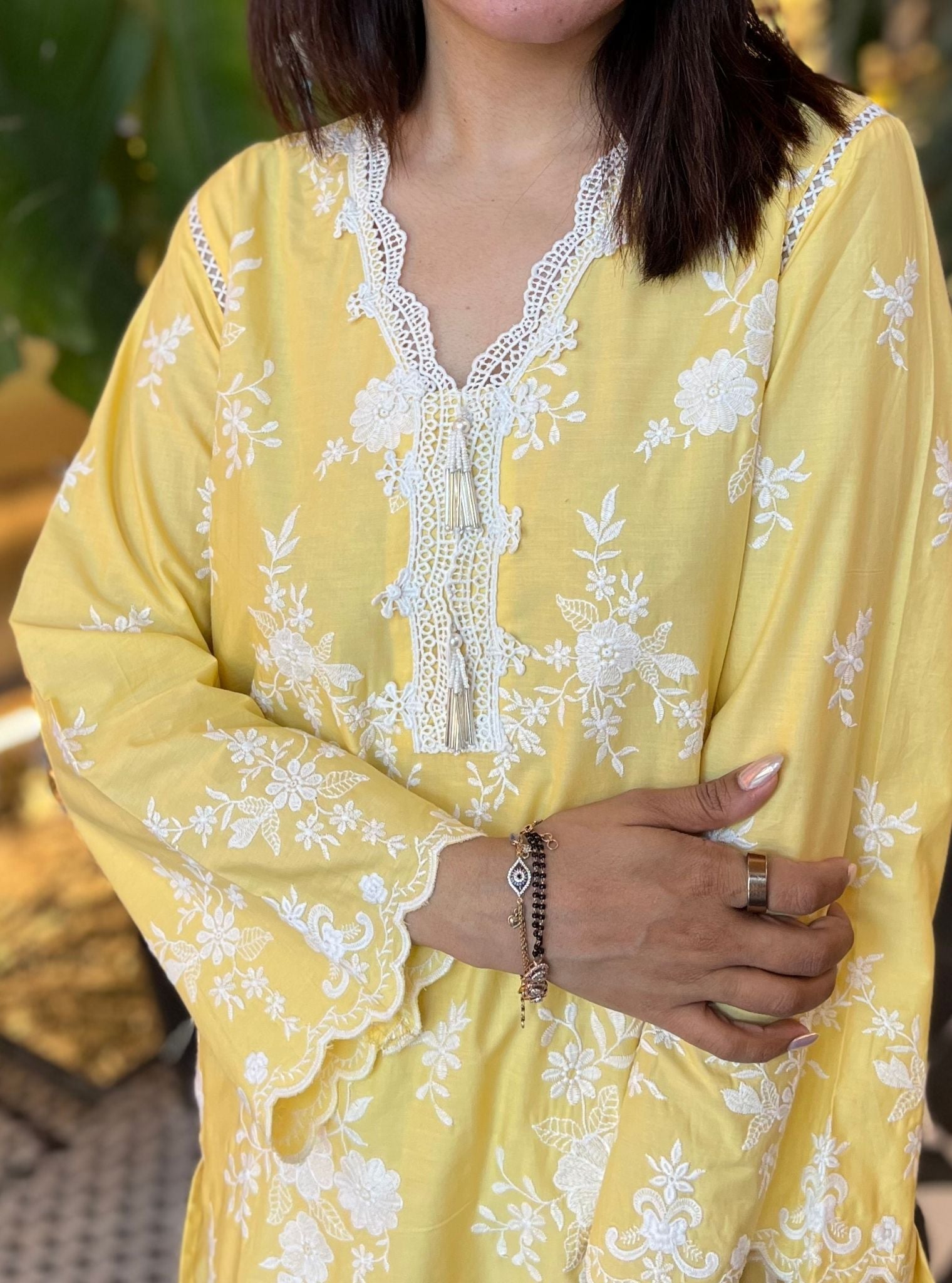 Mulmul Cotton Atrai Yellow Kurta With Atrai Yellow Dhoti Pant