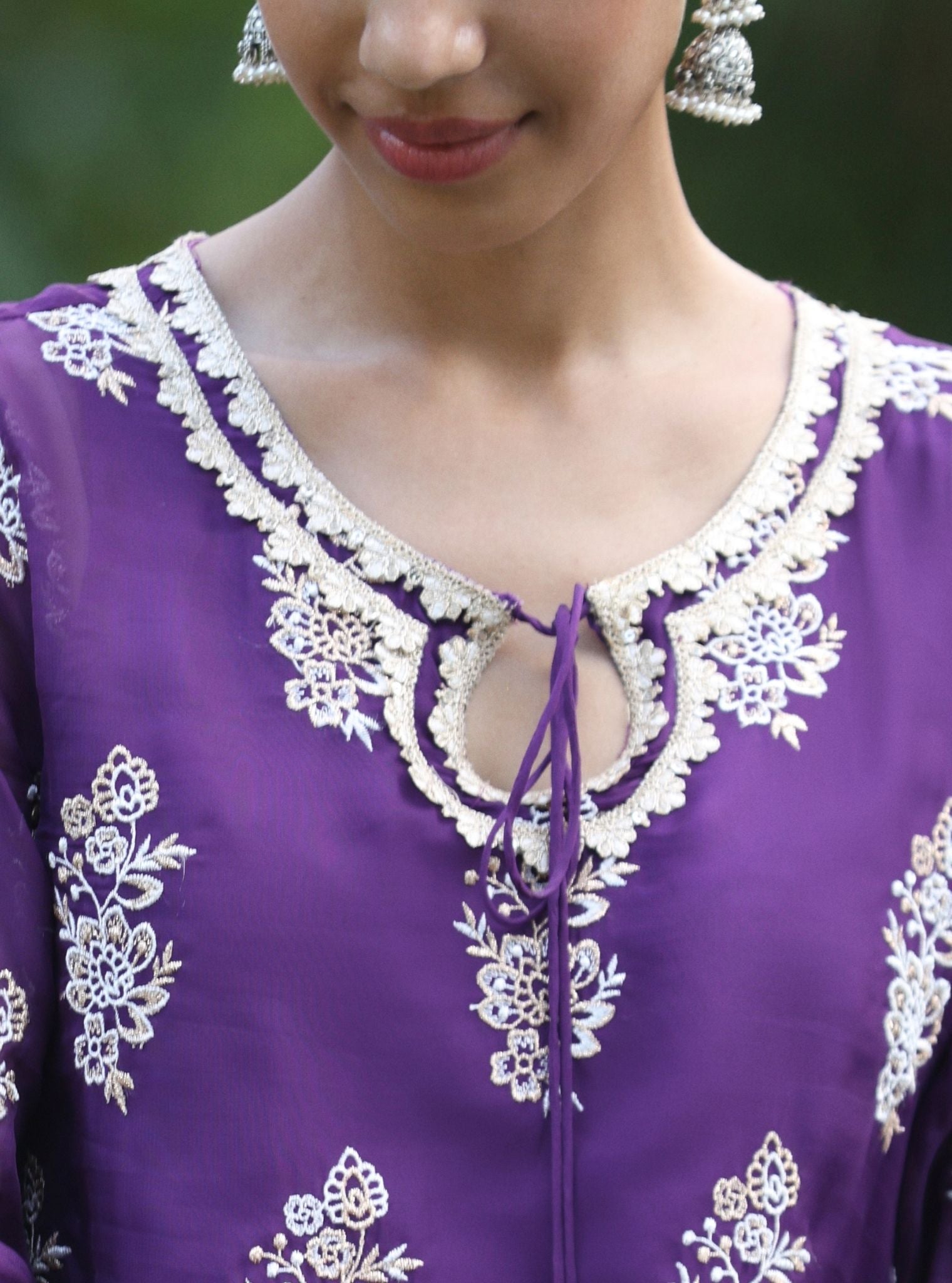 Mulmul Organza Khwab Purple Kurta With Mulmul Pima Satin Khwab Green Pant